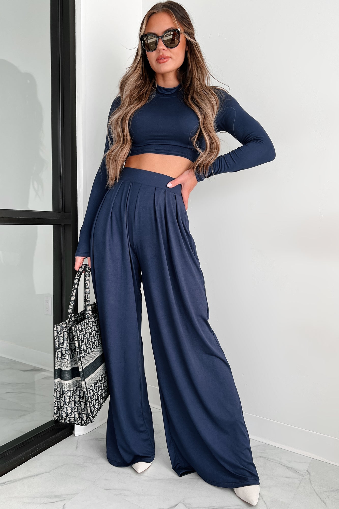 Faded Dreams Long Sleeve Crop Top & Pant Set (Navy)