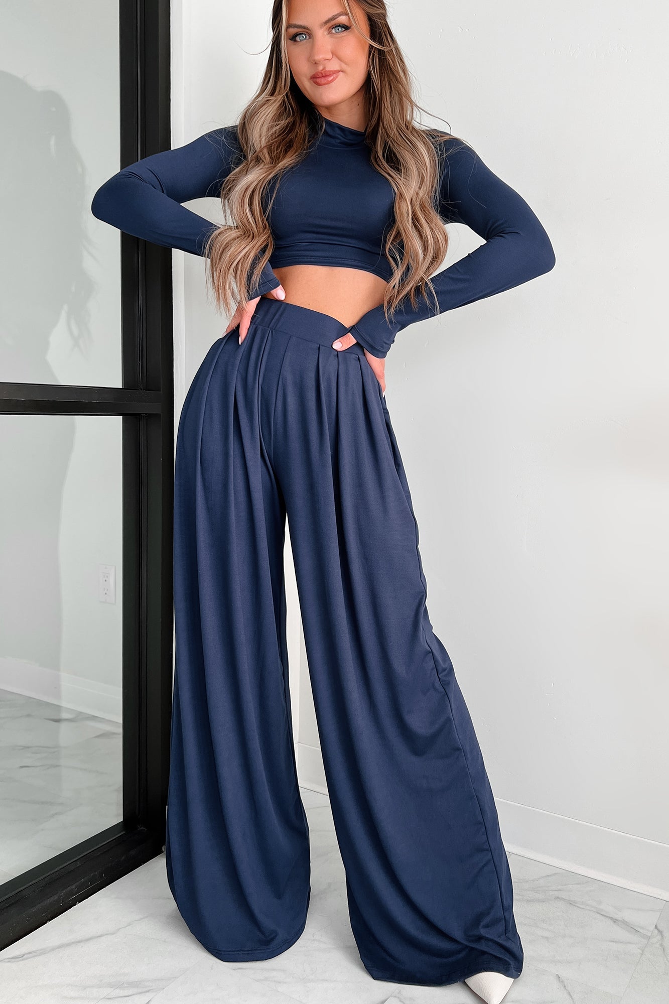 Faded Dreams Long Sleeve Crop Top & Pant Set (Navy)