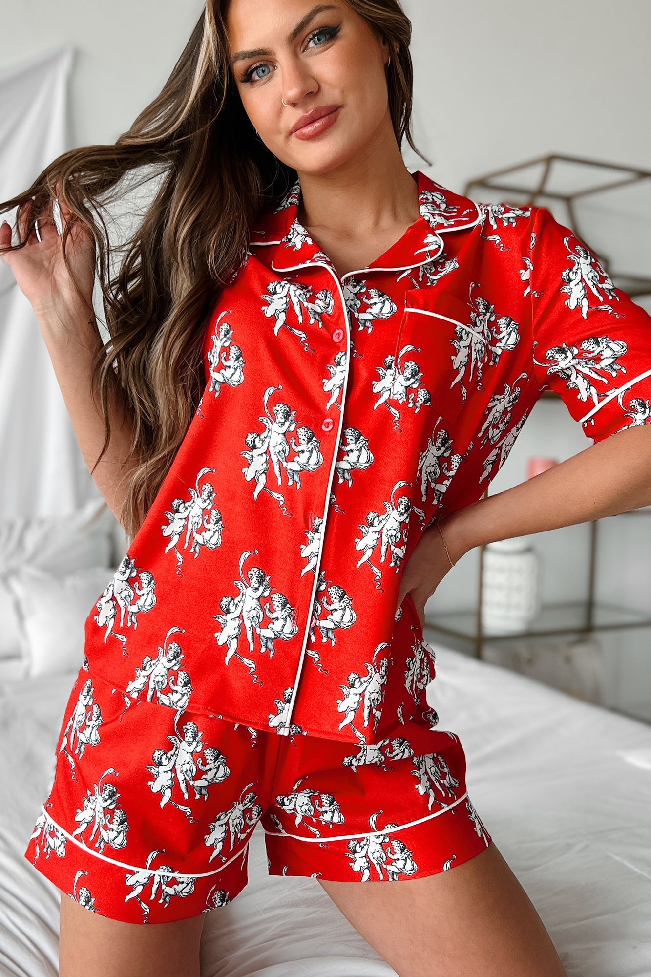 Dreams Of Love Silky Printed Pajama Set (Red)