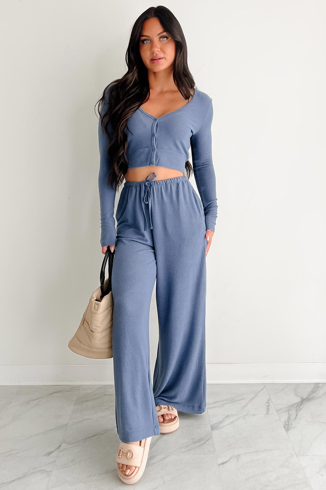 All Your Love Button Detail Long Sleeve Top (Dusty Navy)