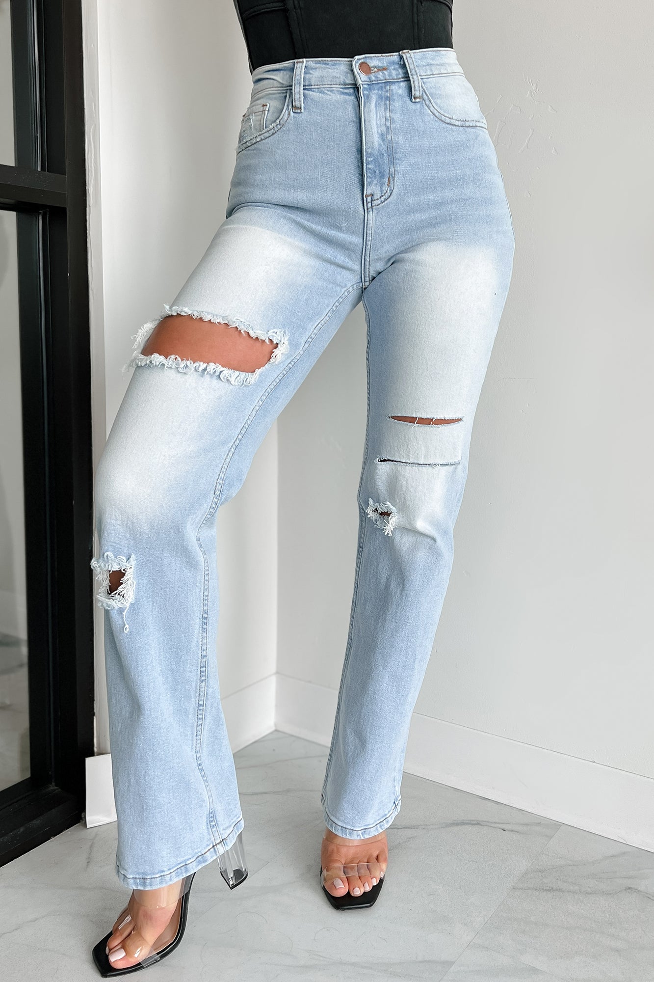 Only Good Days High Rise Distressed Wide Leg Jeans (Light)