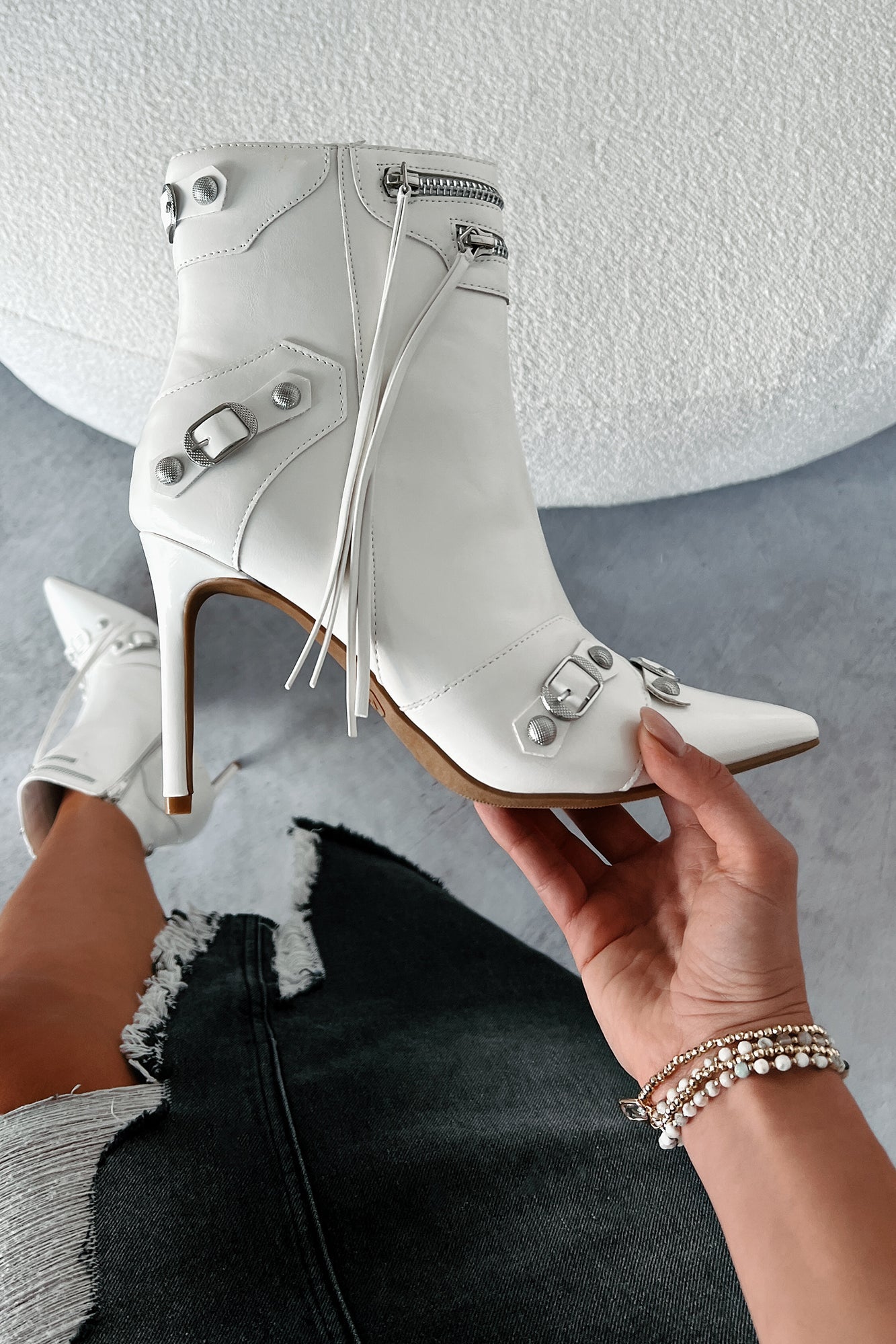 Never Off Limits Pointed Toe Stiletto Booties (White)
