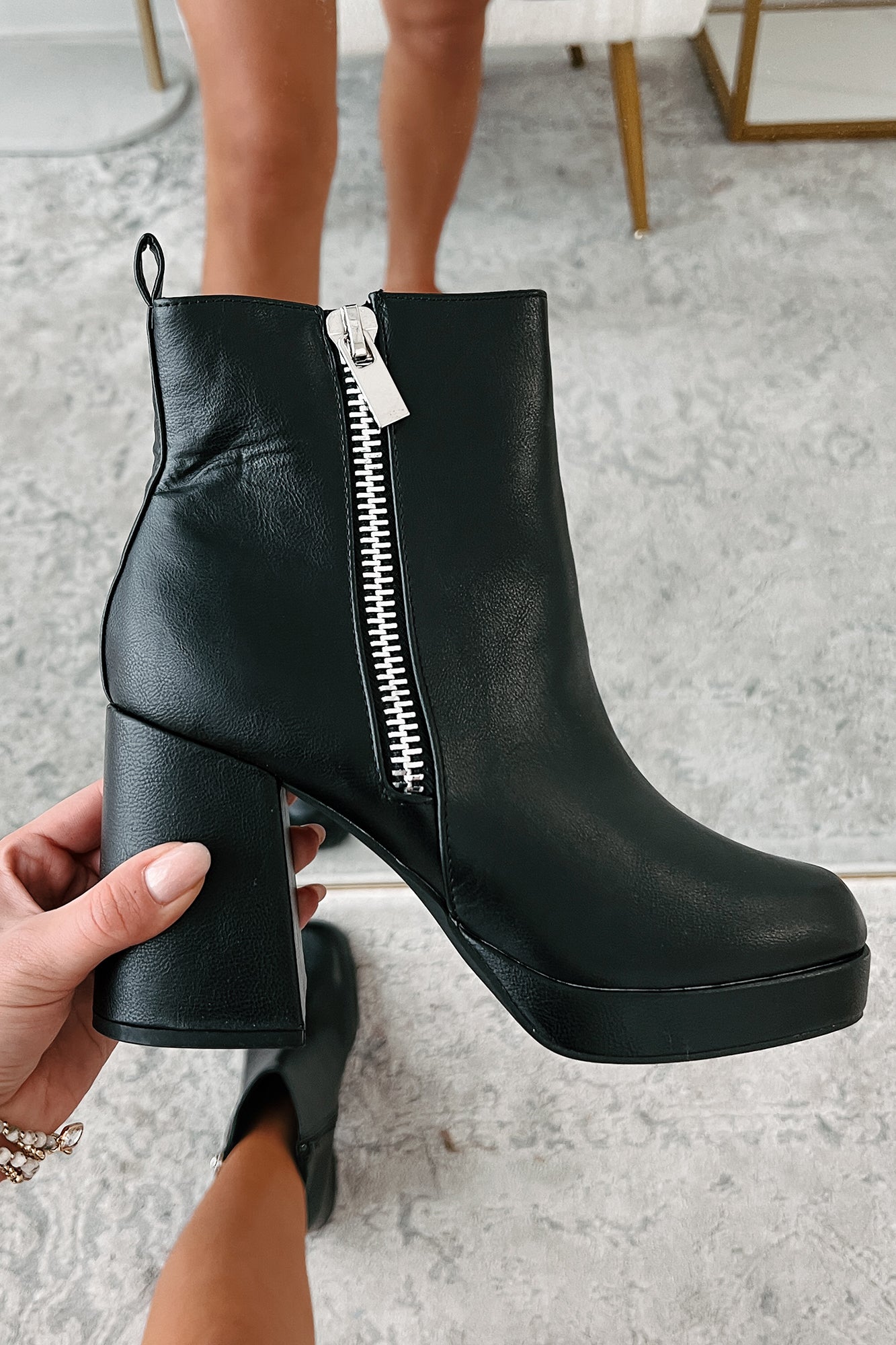 Straight Facts Zipper Detail Platform Booties (Black)