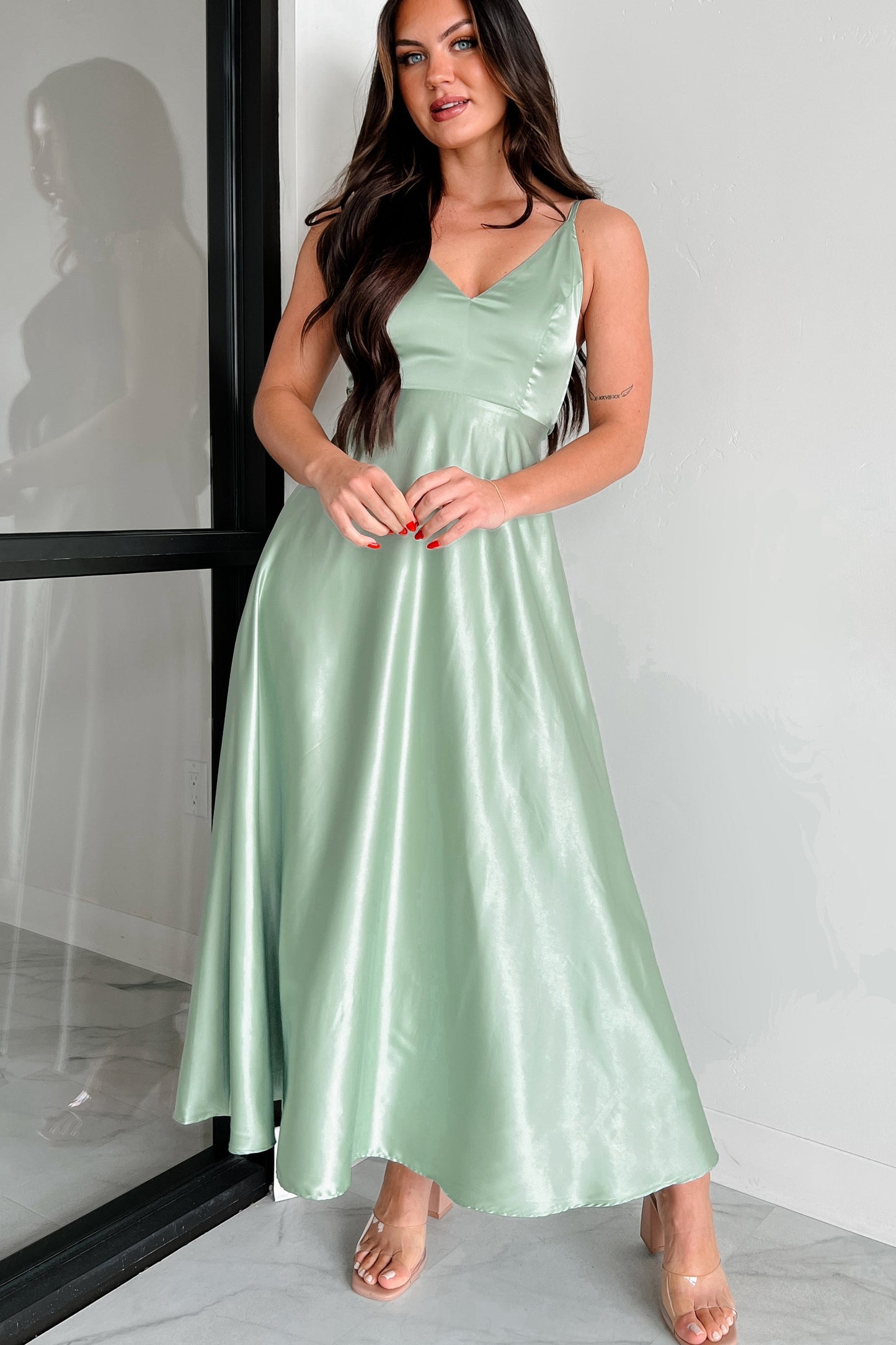 Luxurious Poise Satin Midi Dress (Pastel Sage)