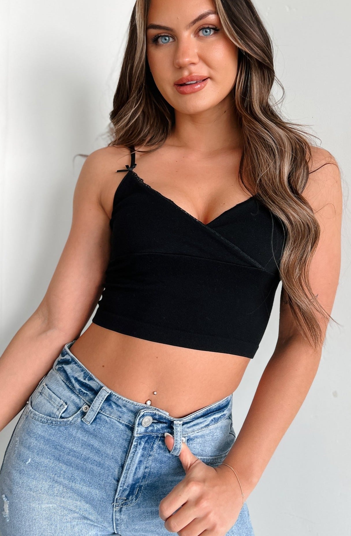 Developing Feelings Lace Trim Cami Crop Top (Black)