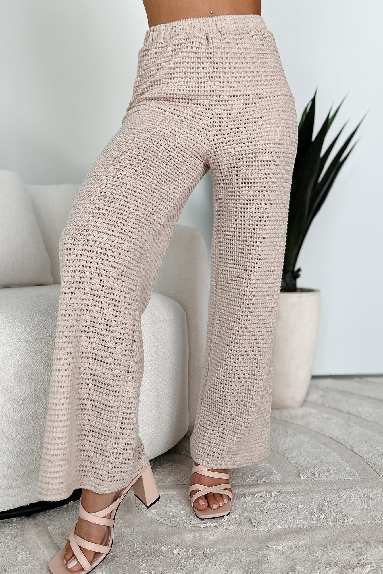Casual Outlook Waffle Knit Crop Top & Pants Set (Taupe)