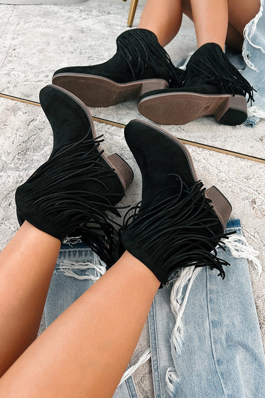 Dallas Darling Fringe Ankle Booties (Black)