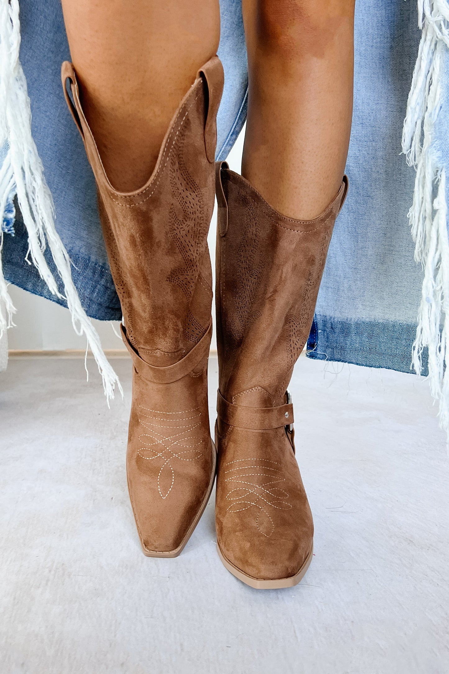 Boots Made For Walkin' Embroidered Suede Boots (Tan)