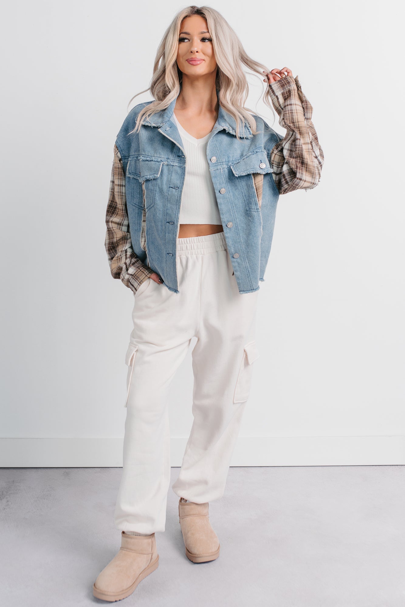 Daily Mode Plaid Denim Mix Jacket (Taupe Blend)