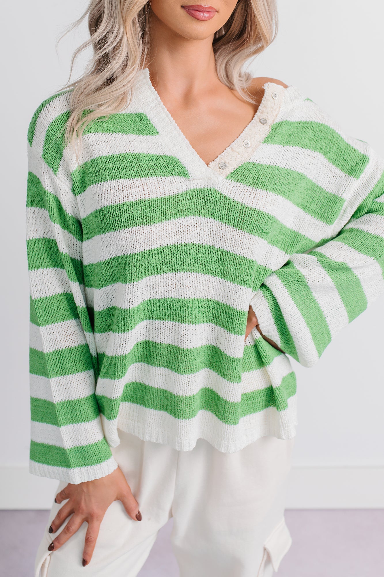 All Dressed Down Striped Knit POL Sweater (Green/Multi)
