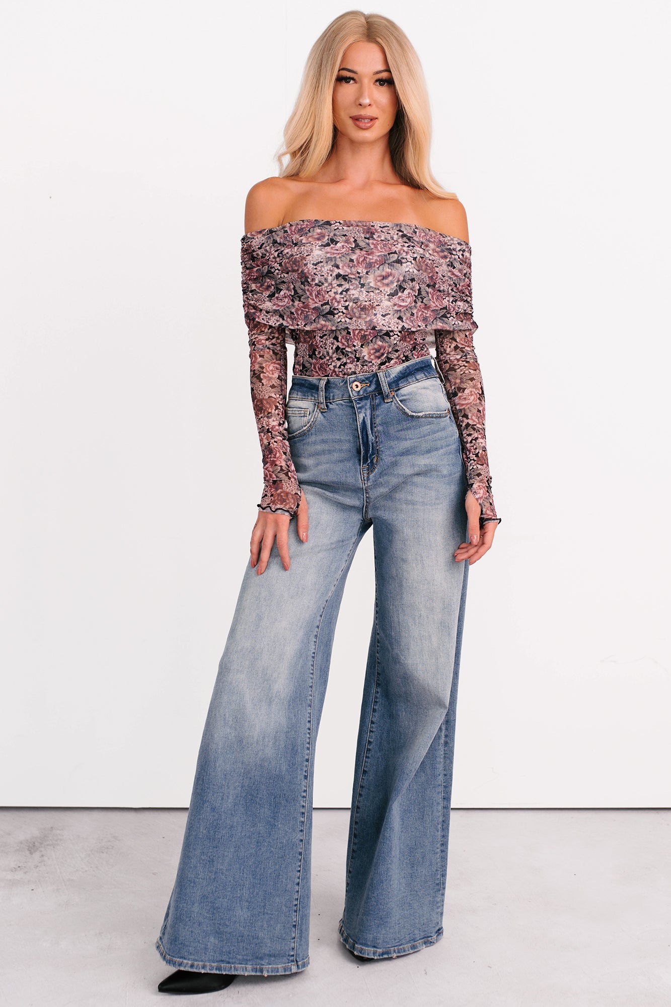 Daisy Fresh Off The Shoulder Floral Bodysuit (Black)