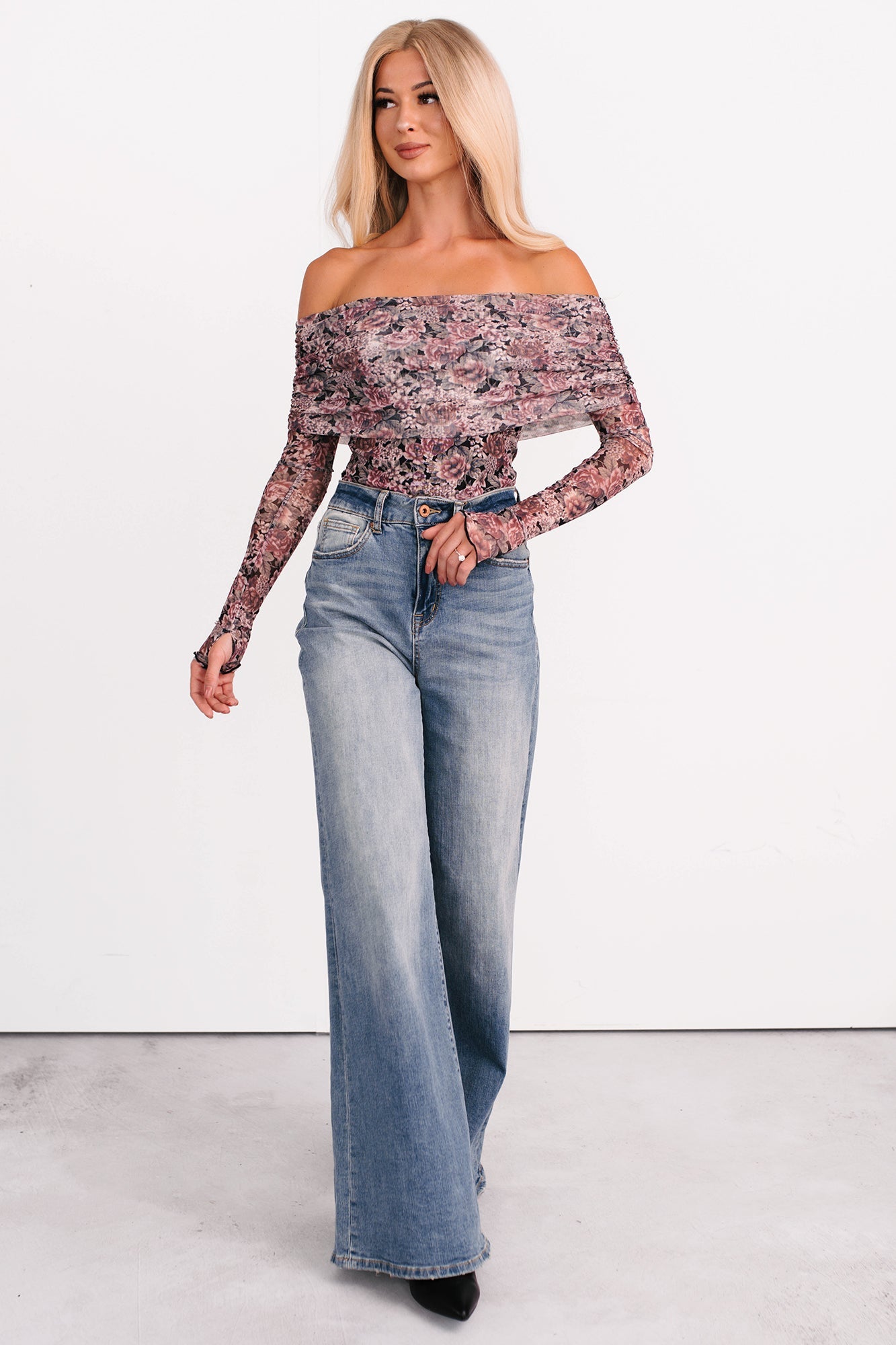 Daisy Fresh Off The Shoulder Floral Bodysuit (Black)