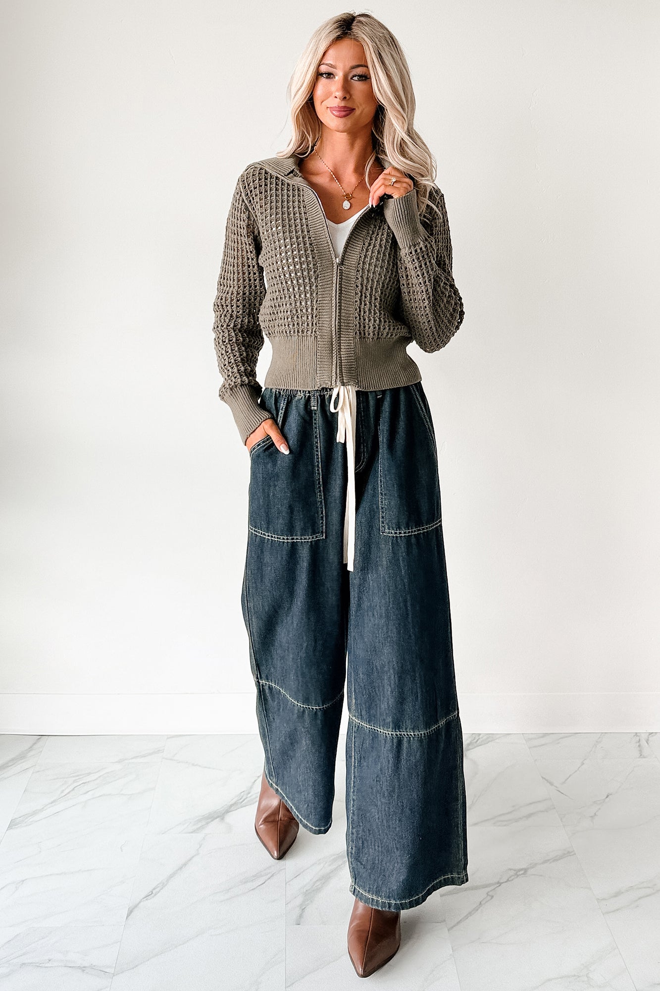 Chill Energy Wide Leg Drawstring Pants (Grey Denim)
