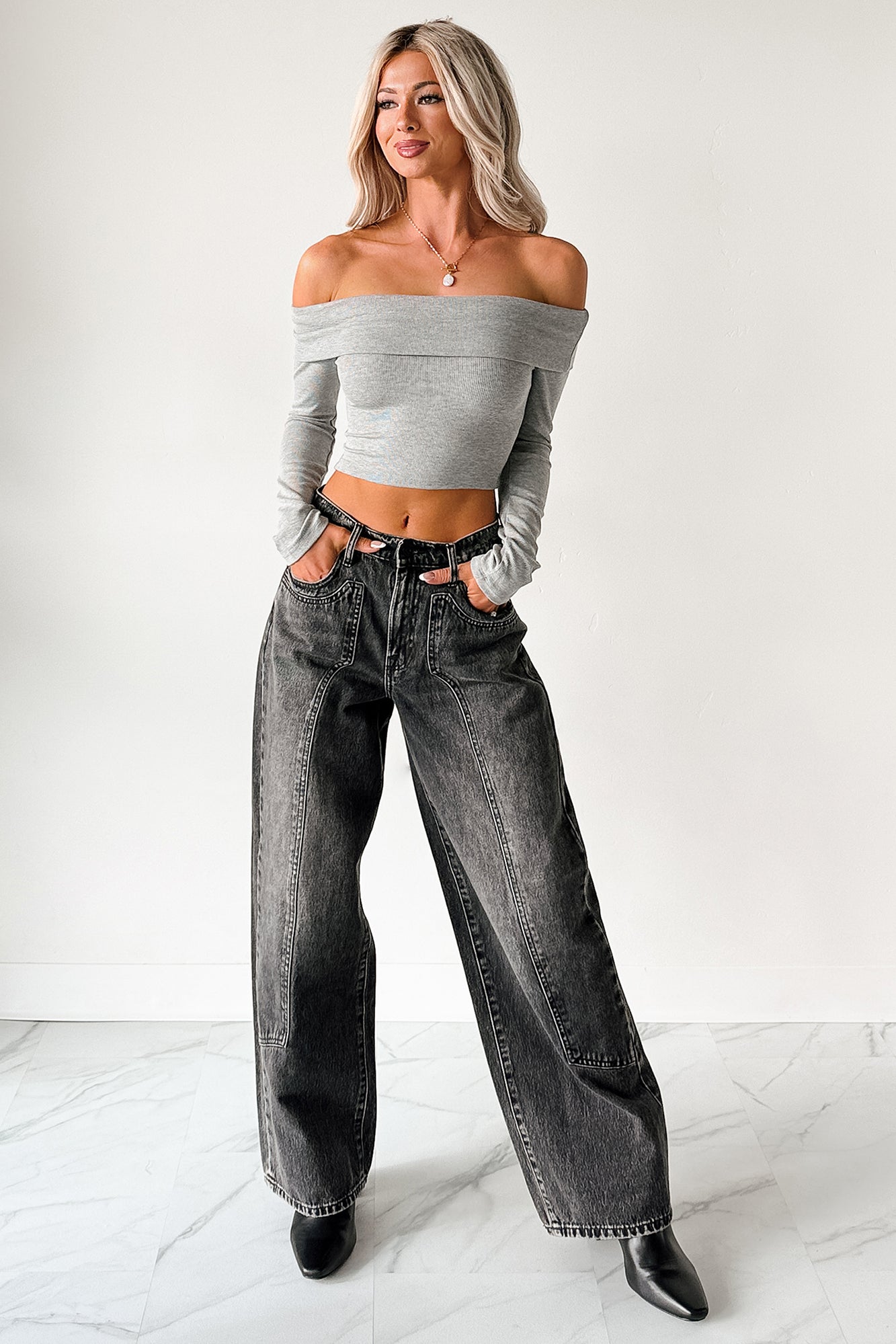 Fall Into Me Off The Shoulder Crop Top (Heather Grey)