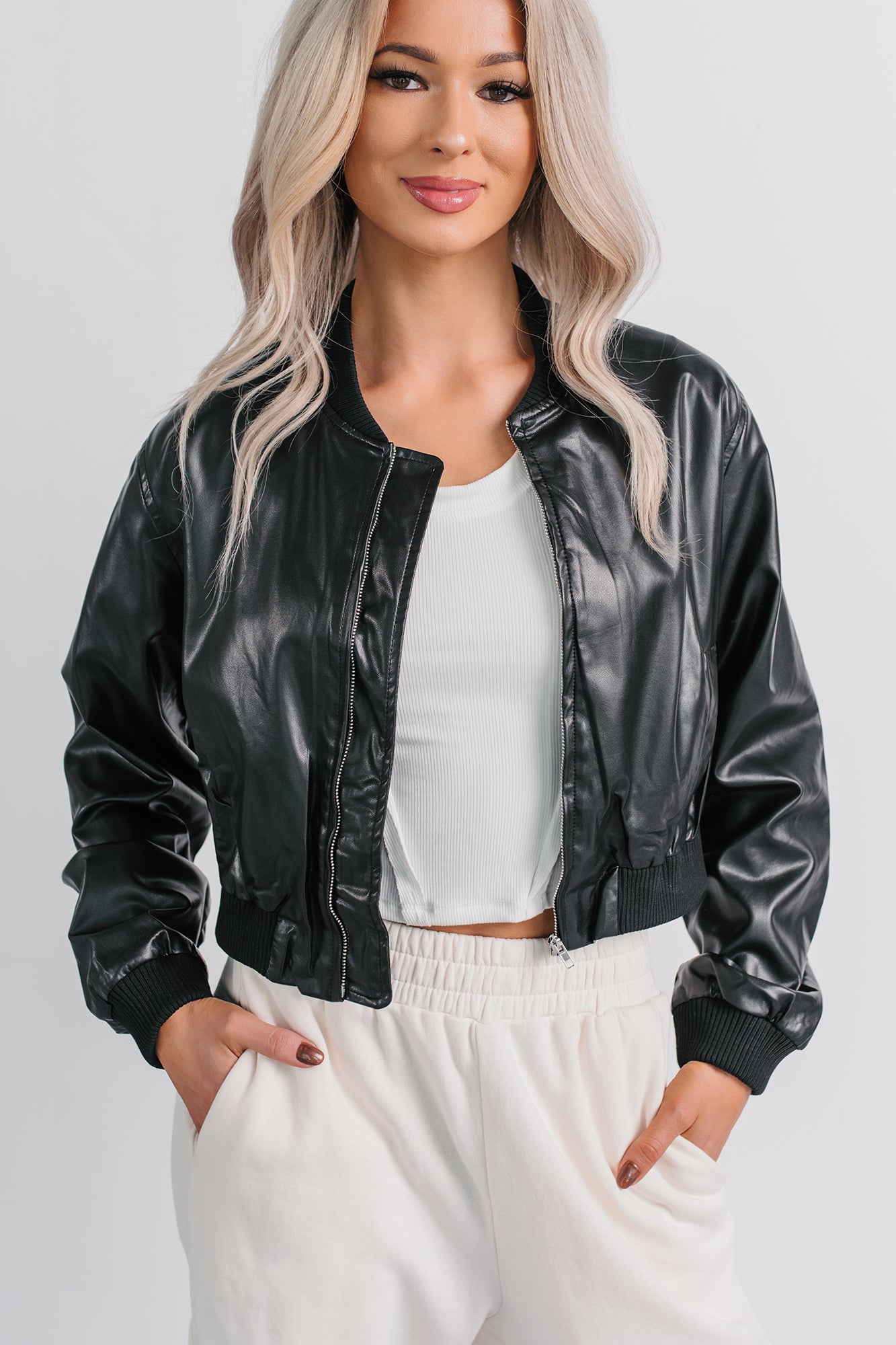 Crown Moment Faux Leather Crop Jacket (Black)
