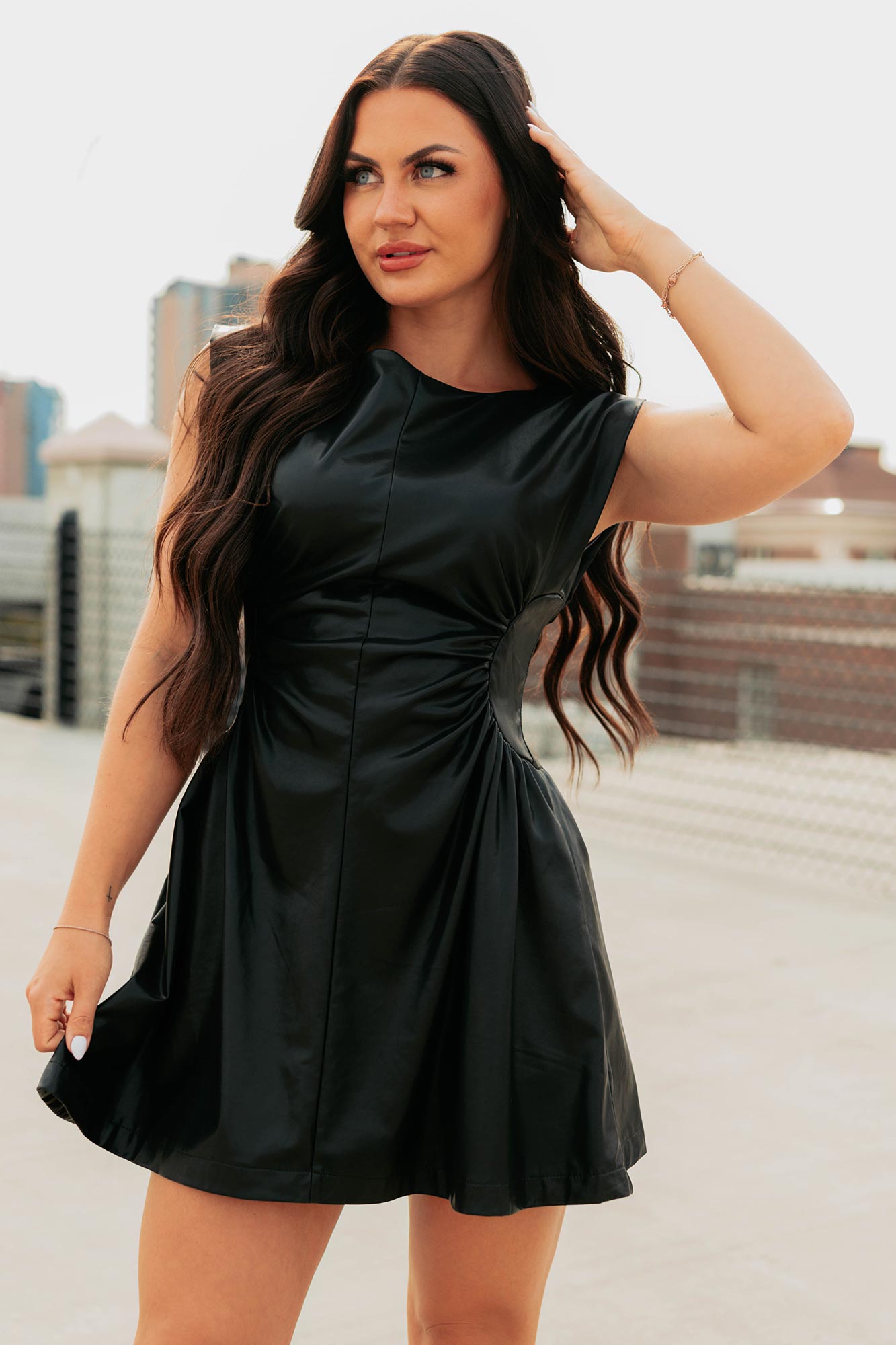Quietly Confident Faux Leather Mini Dress (Black)