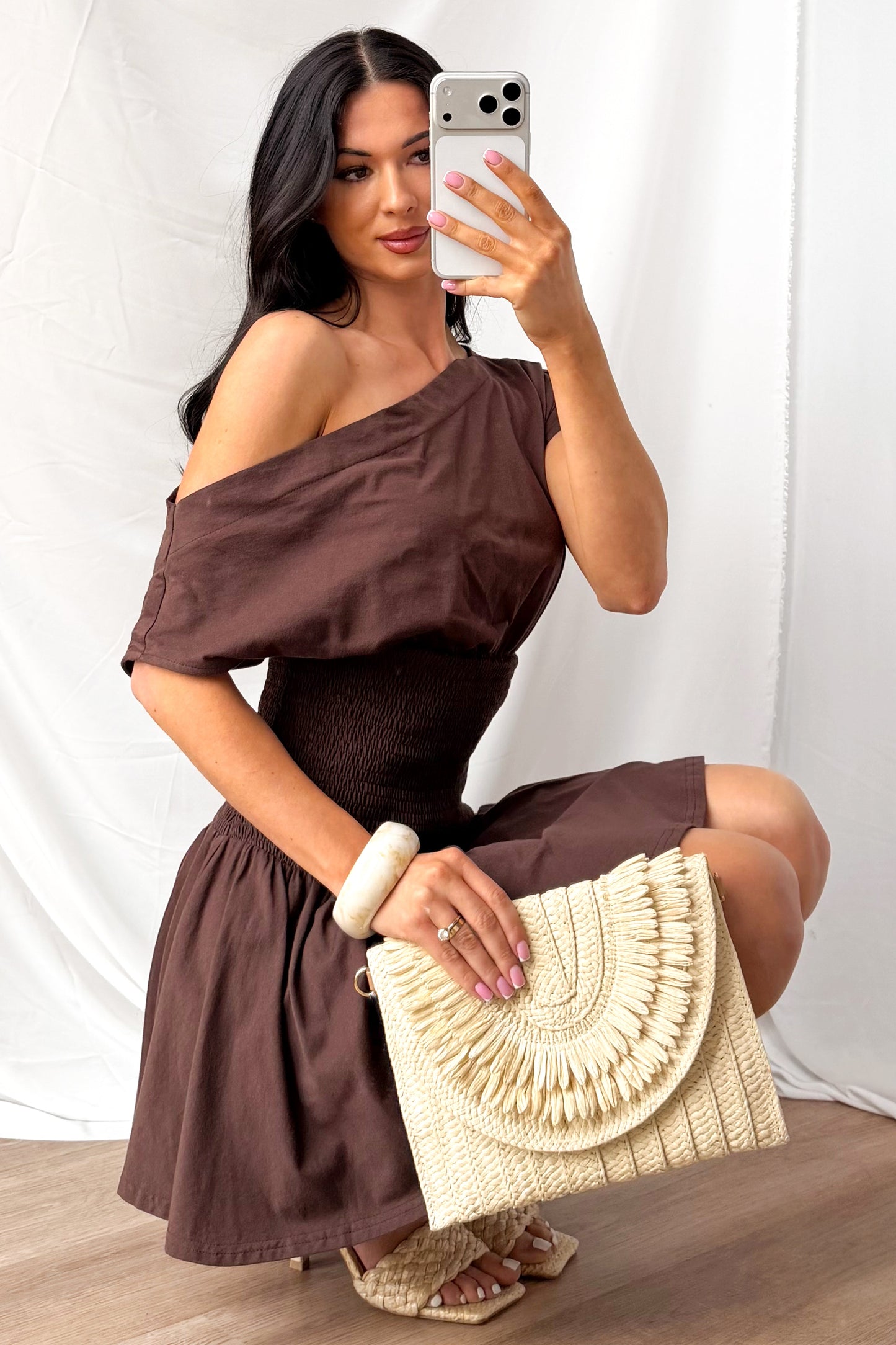 Neutral Ground One Shoulder Smocked Mini Dress (Brown)