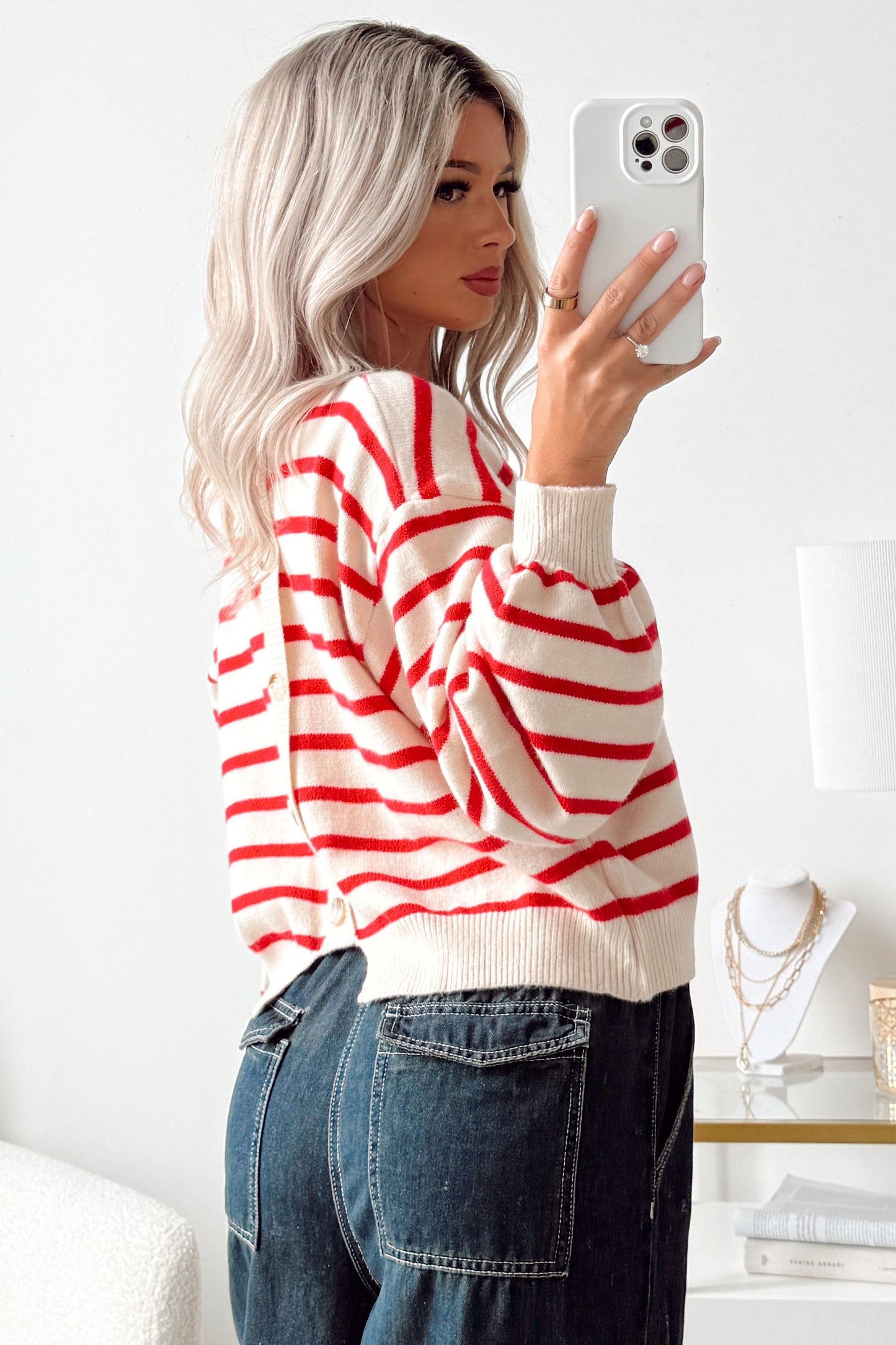 Morning Rituals Striped Button Detail Sweater (Red)