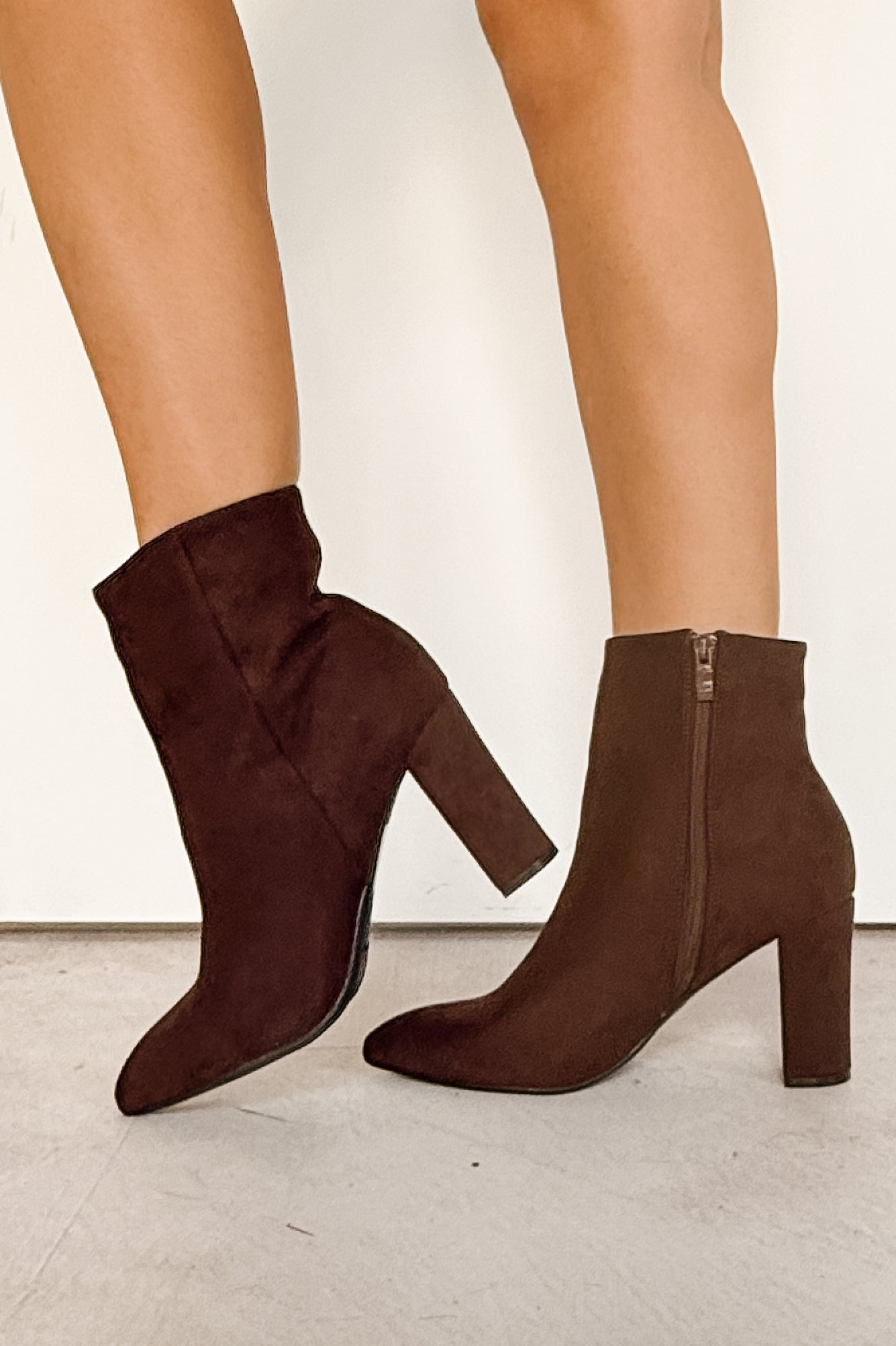 Under Control Faux Suede Heeled Booties (Brown)