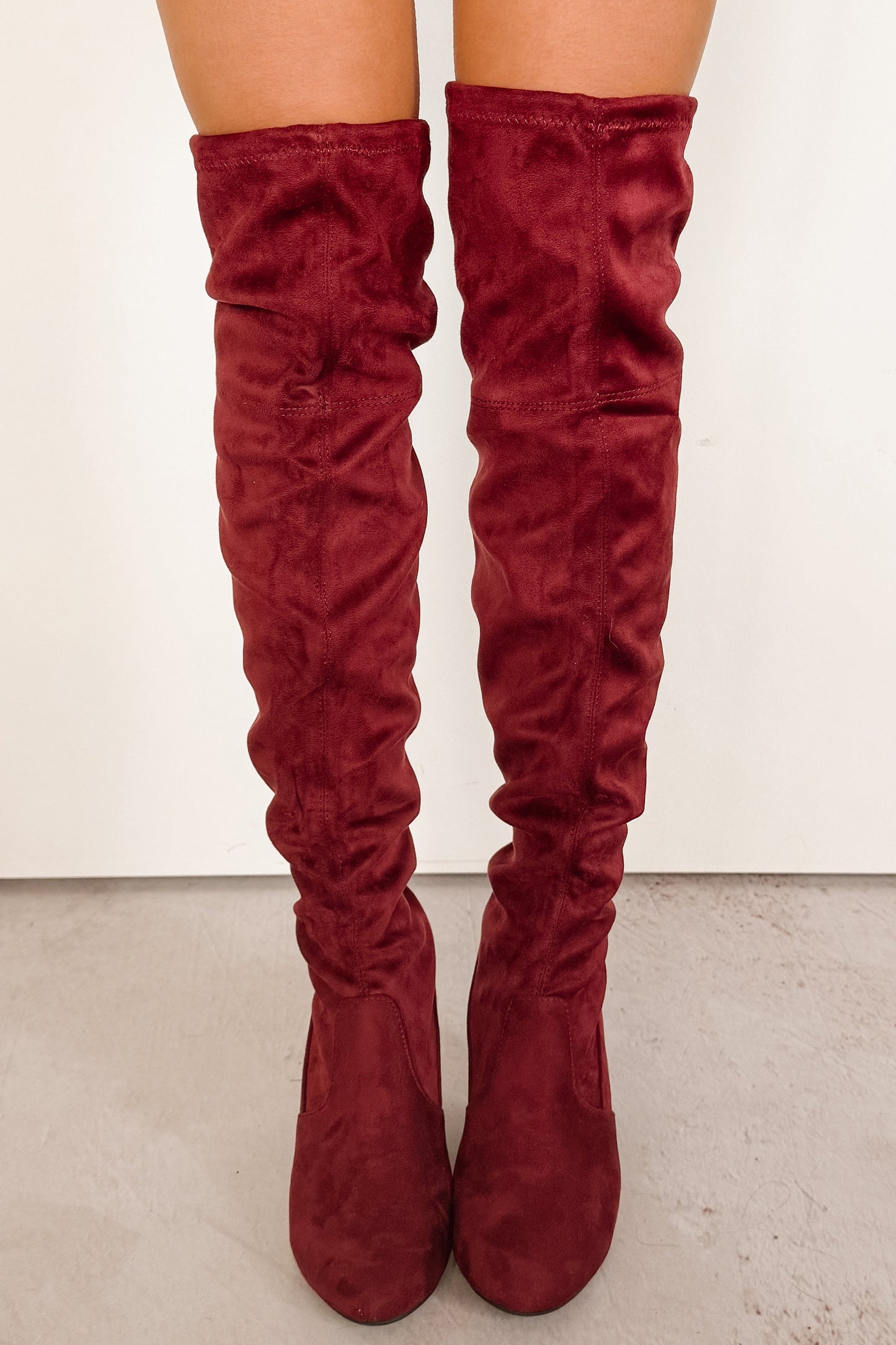 Bold Horizon Thigh High Faux Suede Boots (Burgundy)