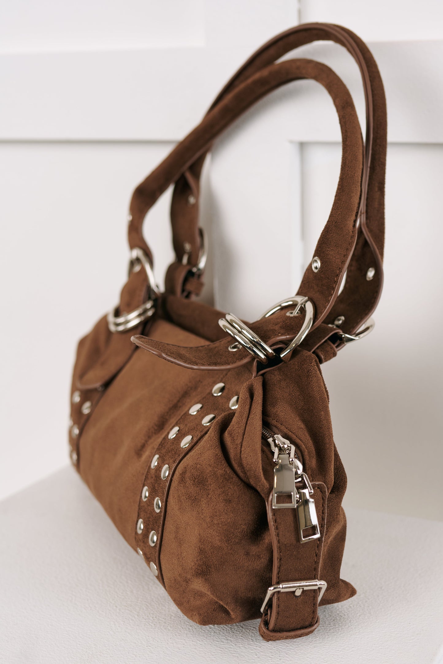 Fierce Calm Studded Faux Suede Bag (Dark Brown)