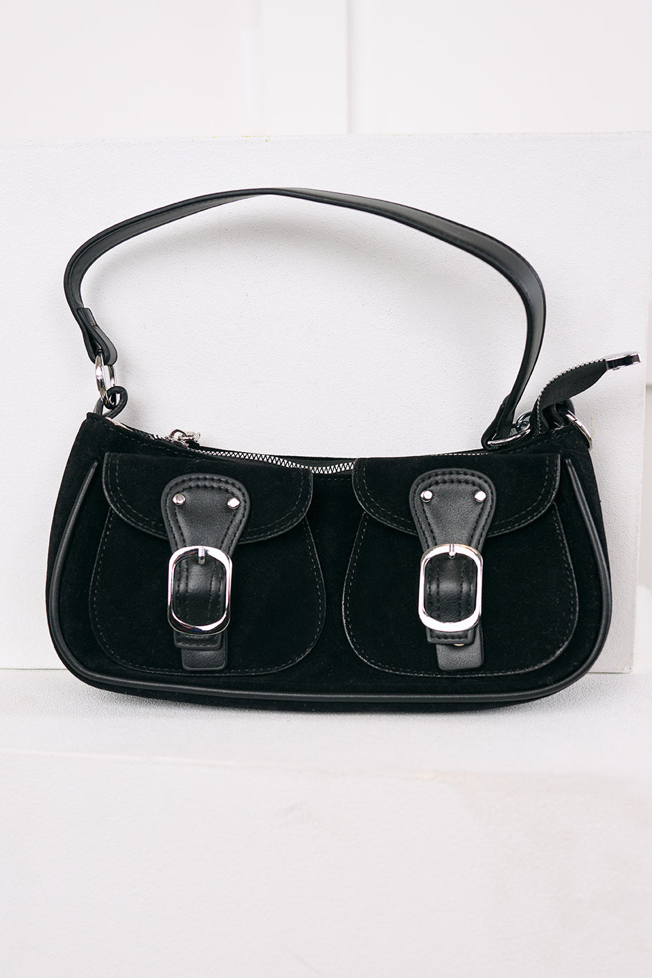 Always On Top Faux Suede Buckle Bag (Black)