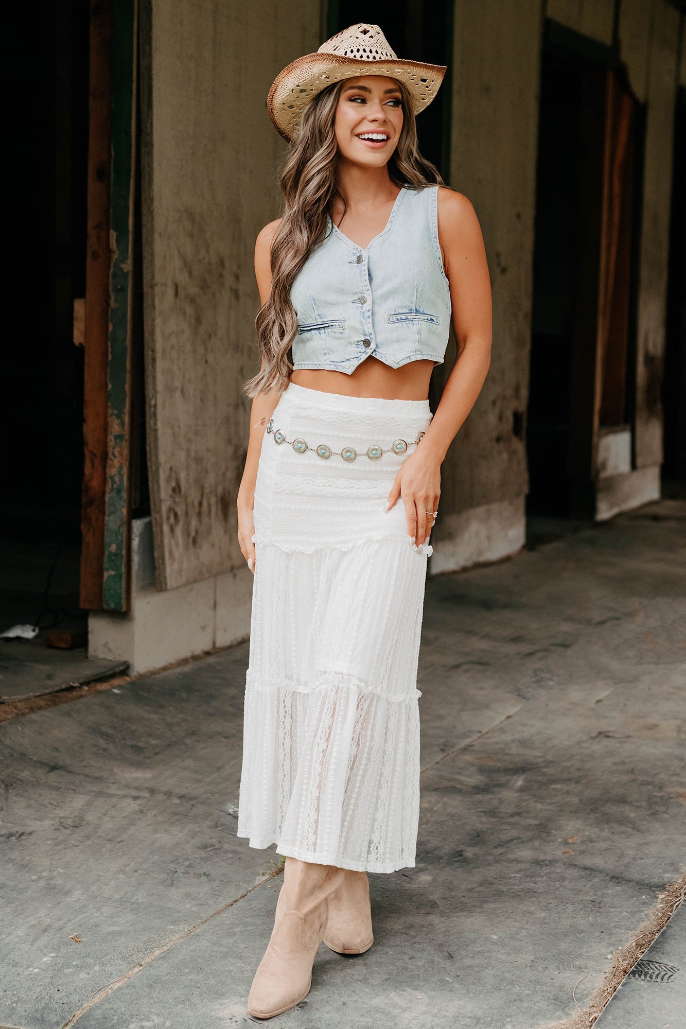 Lacy Daze Tiered Lace Midi Skirt (Off White)