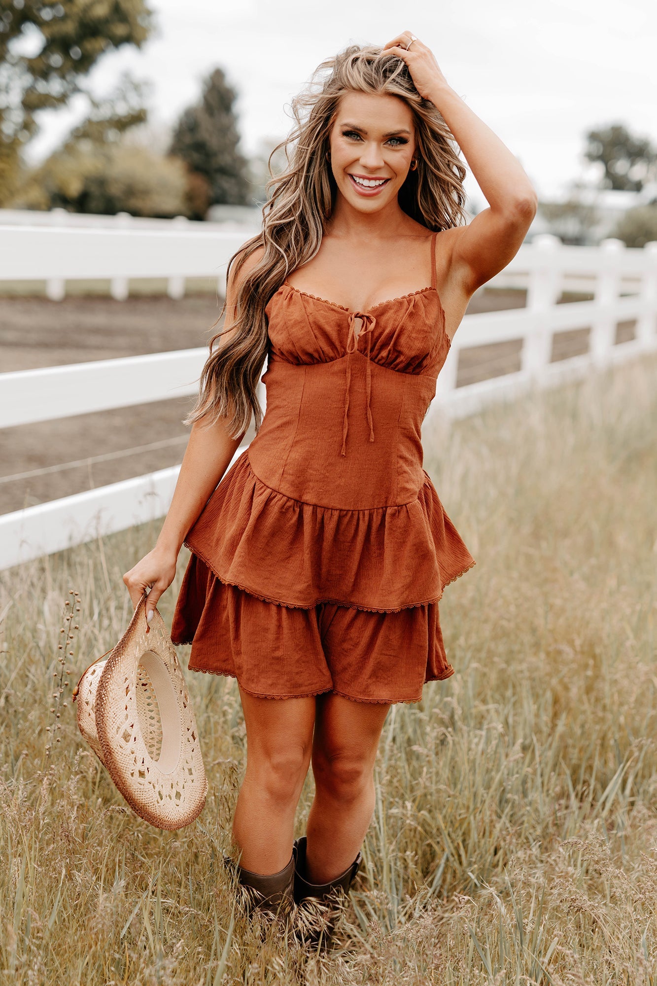 Cottage Cutie Ruffle Tier Mini Dress (Brown)