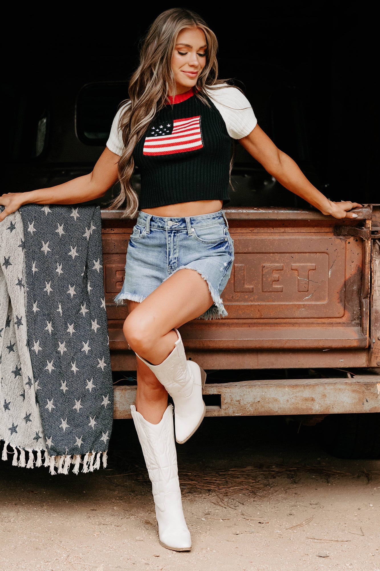 Starlet Style USA Flag Sweater Top (Black/White)
