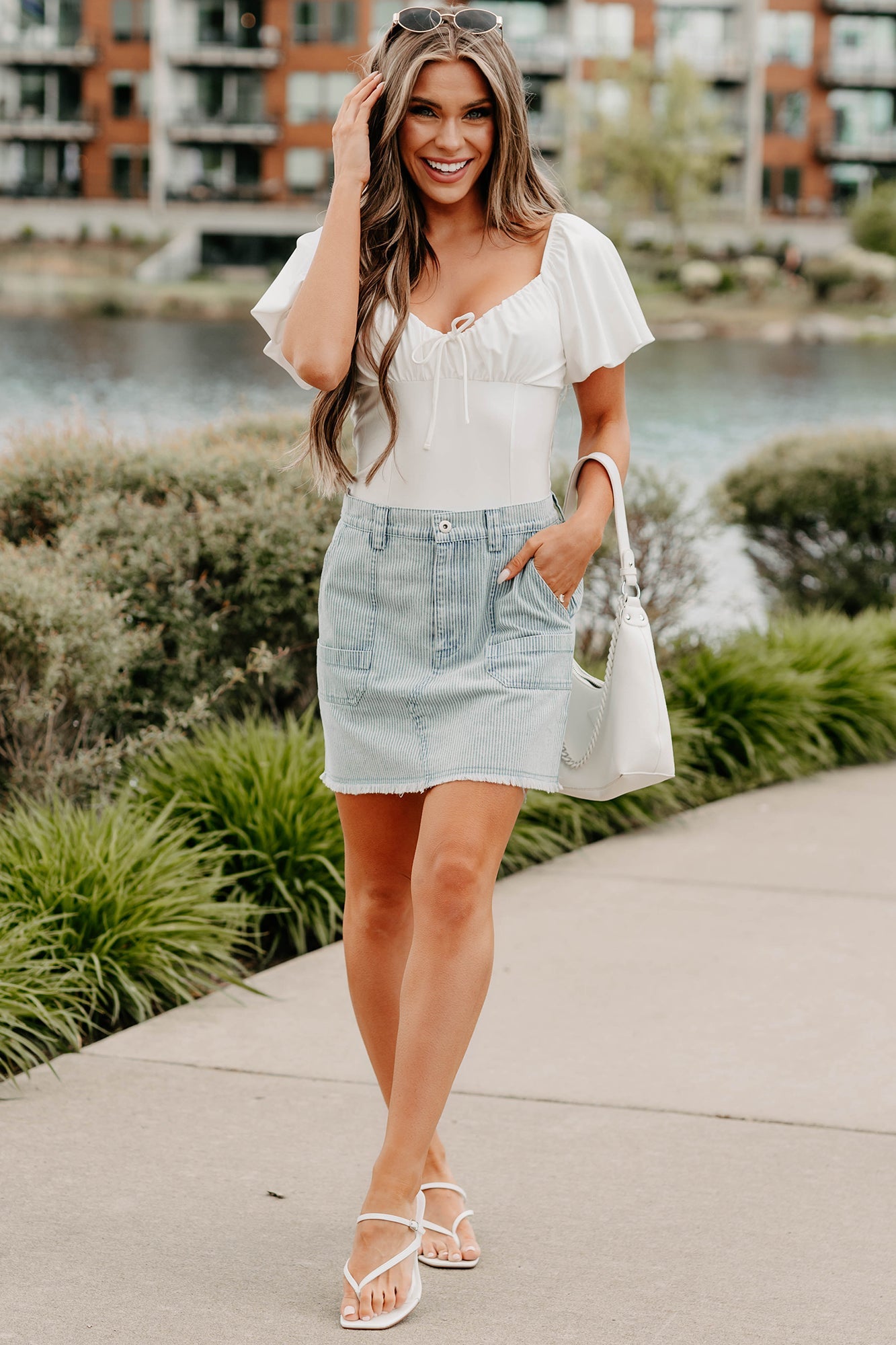Humming Along Puff Sleeve Scoop Neck Bodysuit (White)