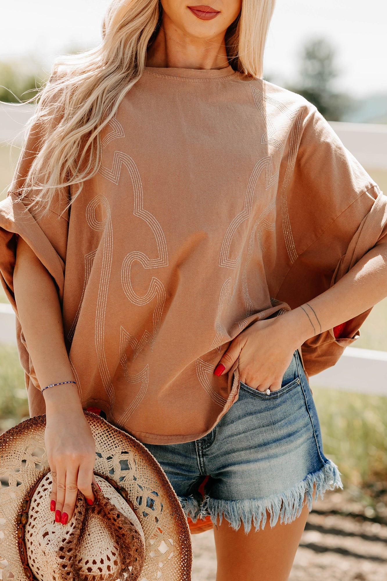 Cozy Club Oversized Embroidered Top (Washed Camel)