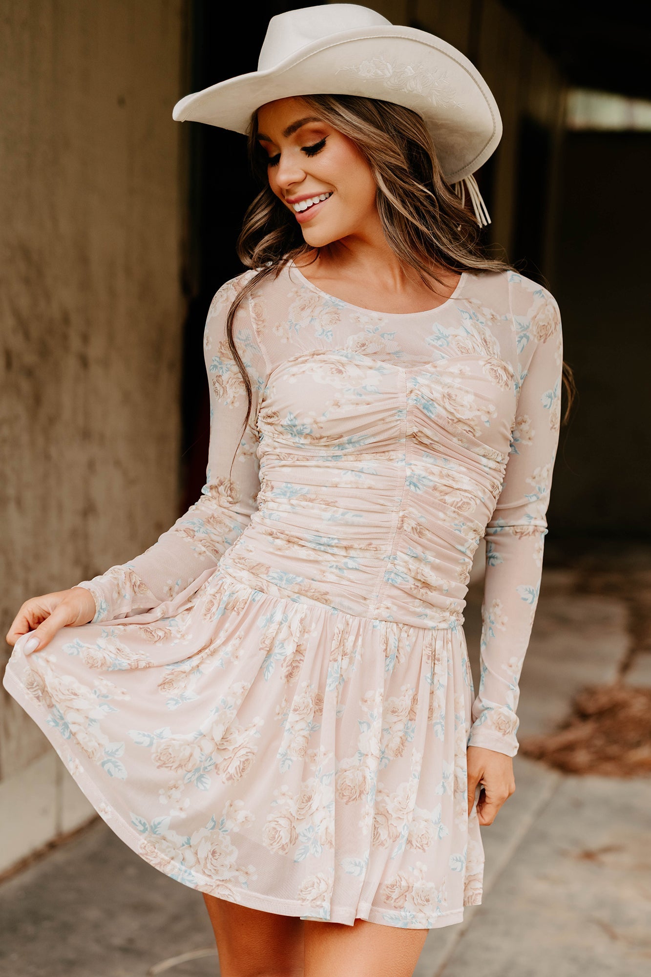 Sweet As Summer Floral Ruched Mini Dress (Blush)