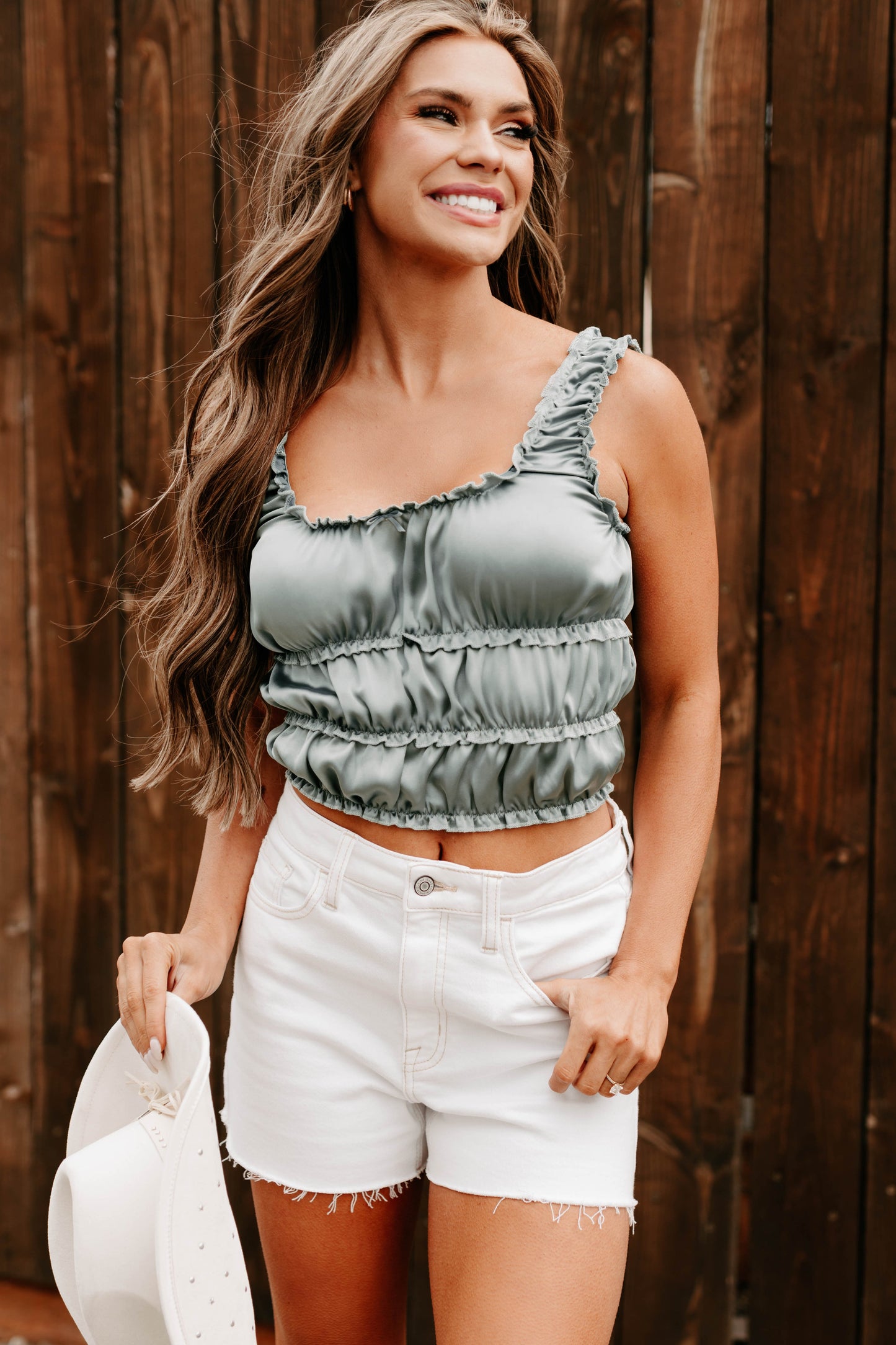 Luxe On Loop Ruched Satin Sleeveless Top (Sage Green)