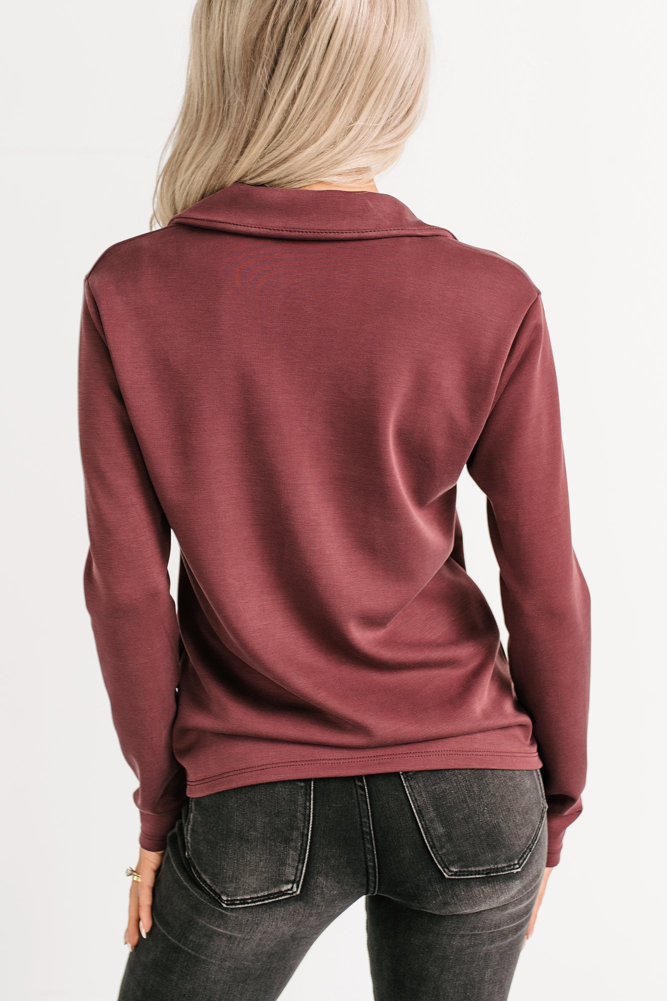 Honest Mood Collared V Neck Long Sleeve Top (Maroon)