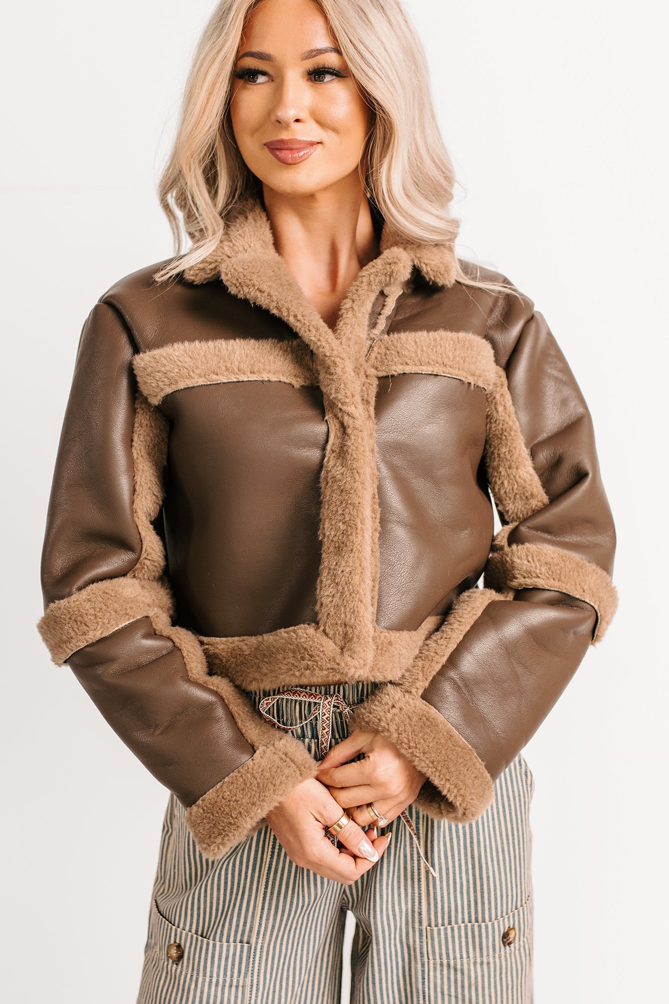 She's Fire Faux Leather Fur Trim Crop Jacket (Chocolate)