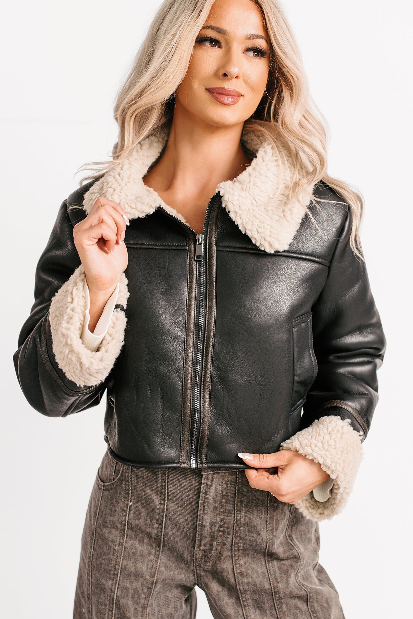 Serves You Right Sherpa Lined Faux Leather Jacket (Black)