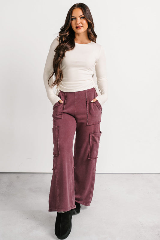 Made Ready Wide Leg Cargo Sweatpants (Dark Cherry)