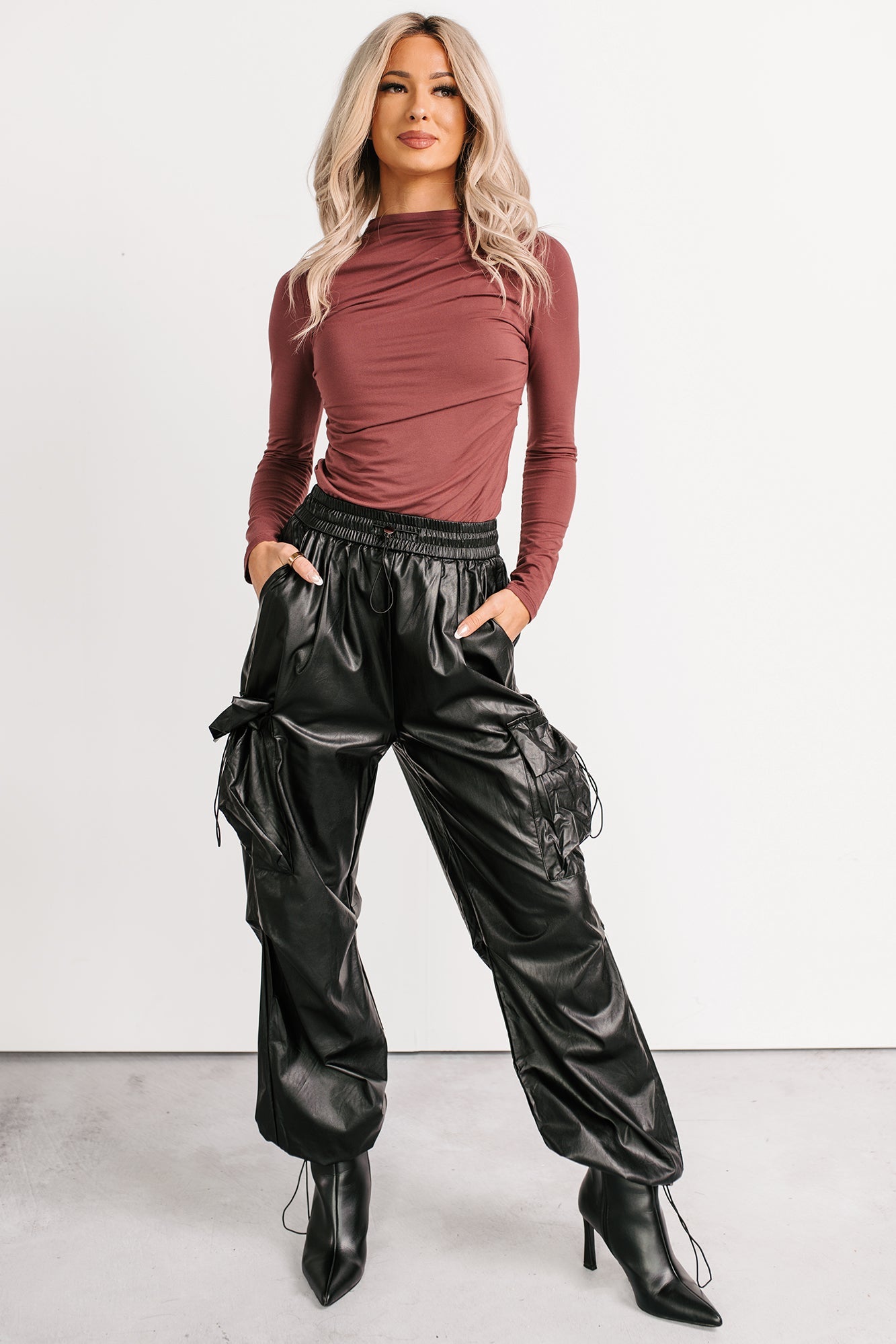 Don't Be Shy Faux Leather Cargo Pants (Black)