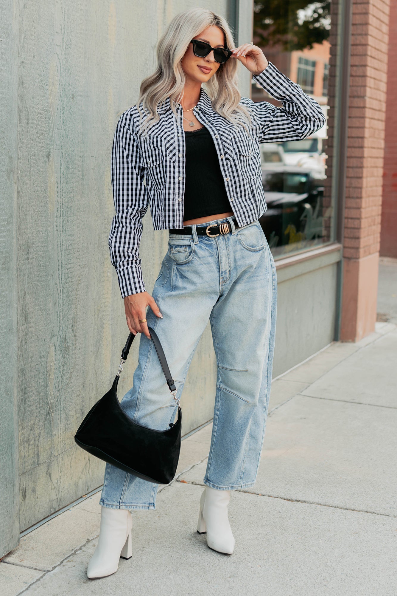 Morning Markets Signature 8 Gingham Crop Shirt (Black)