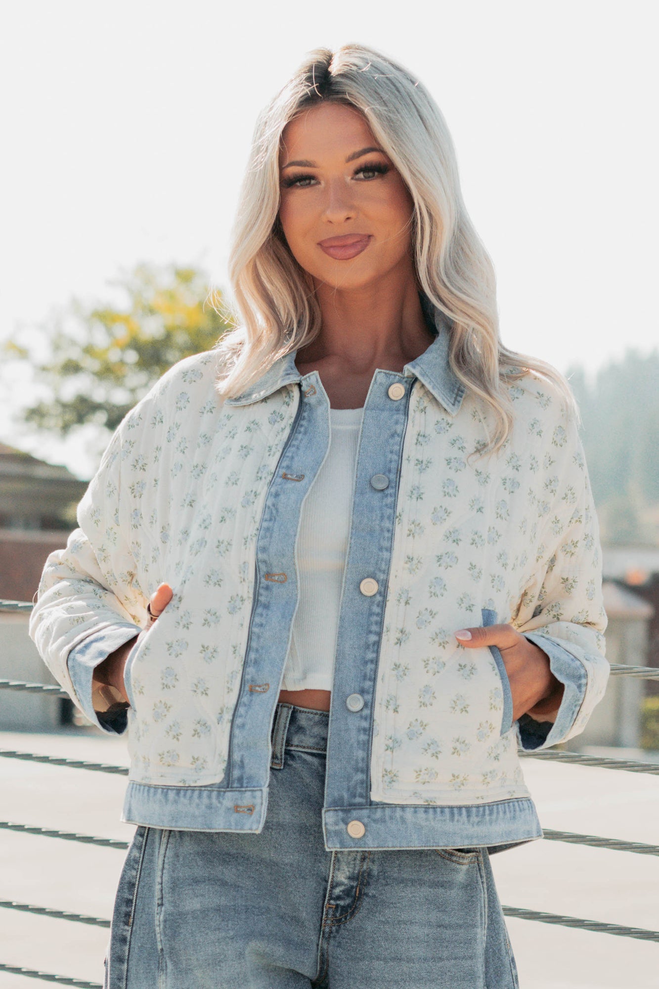 Breezy Mood Floral Quilted Denim Jacket (Ivory/Blue)