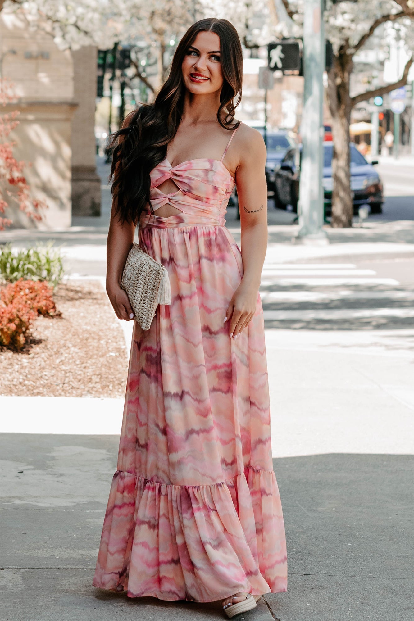 I Hope You Think Of Me Marble Printed Maxi Dress (Pink Multi)