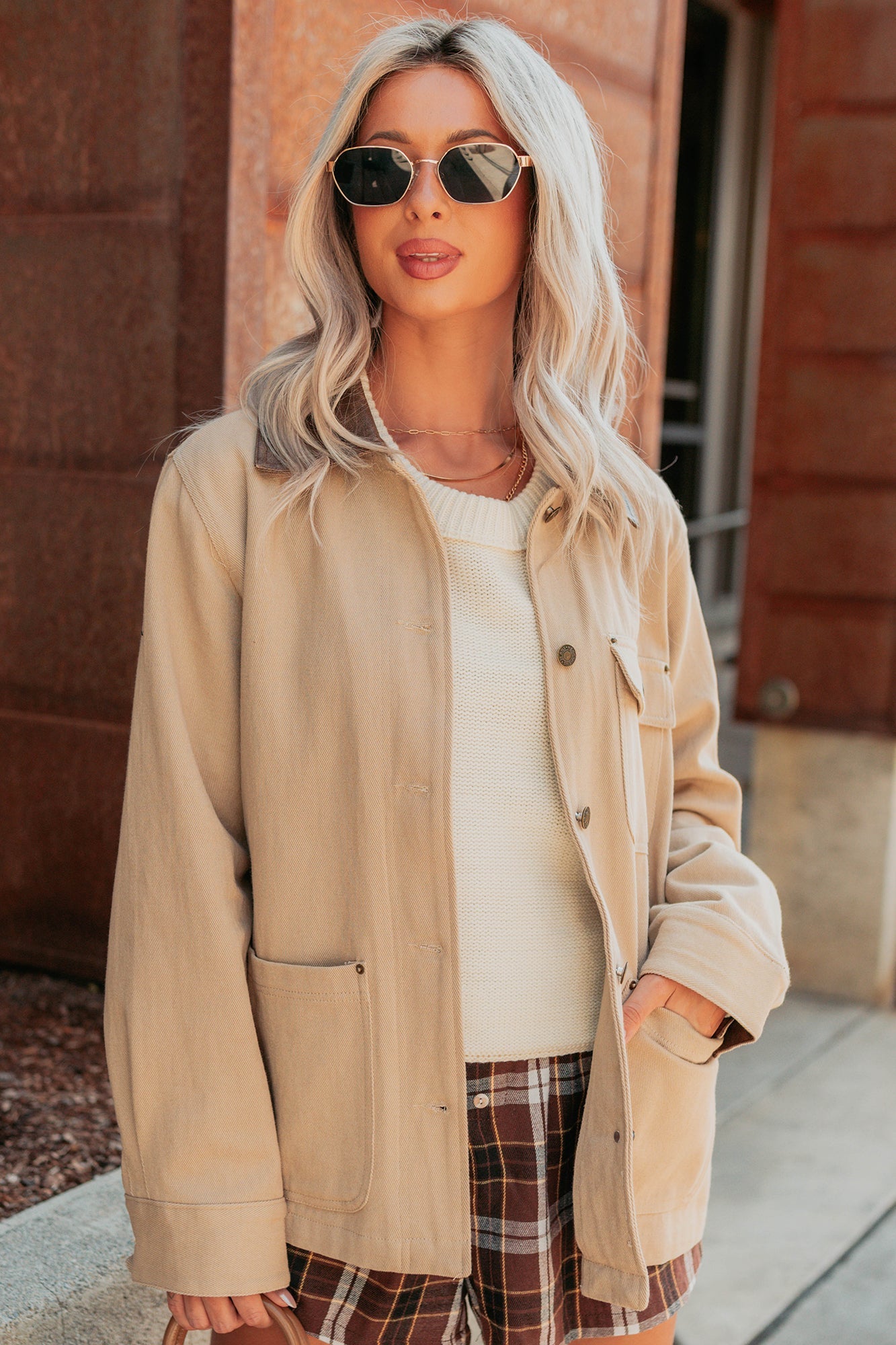 Hustle Habits Leather Collared Denim Jacket (Sand)