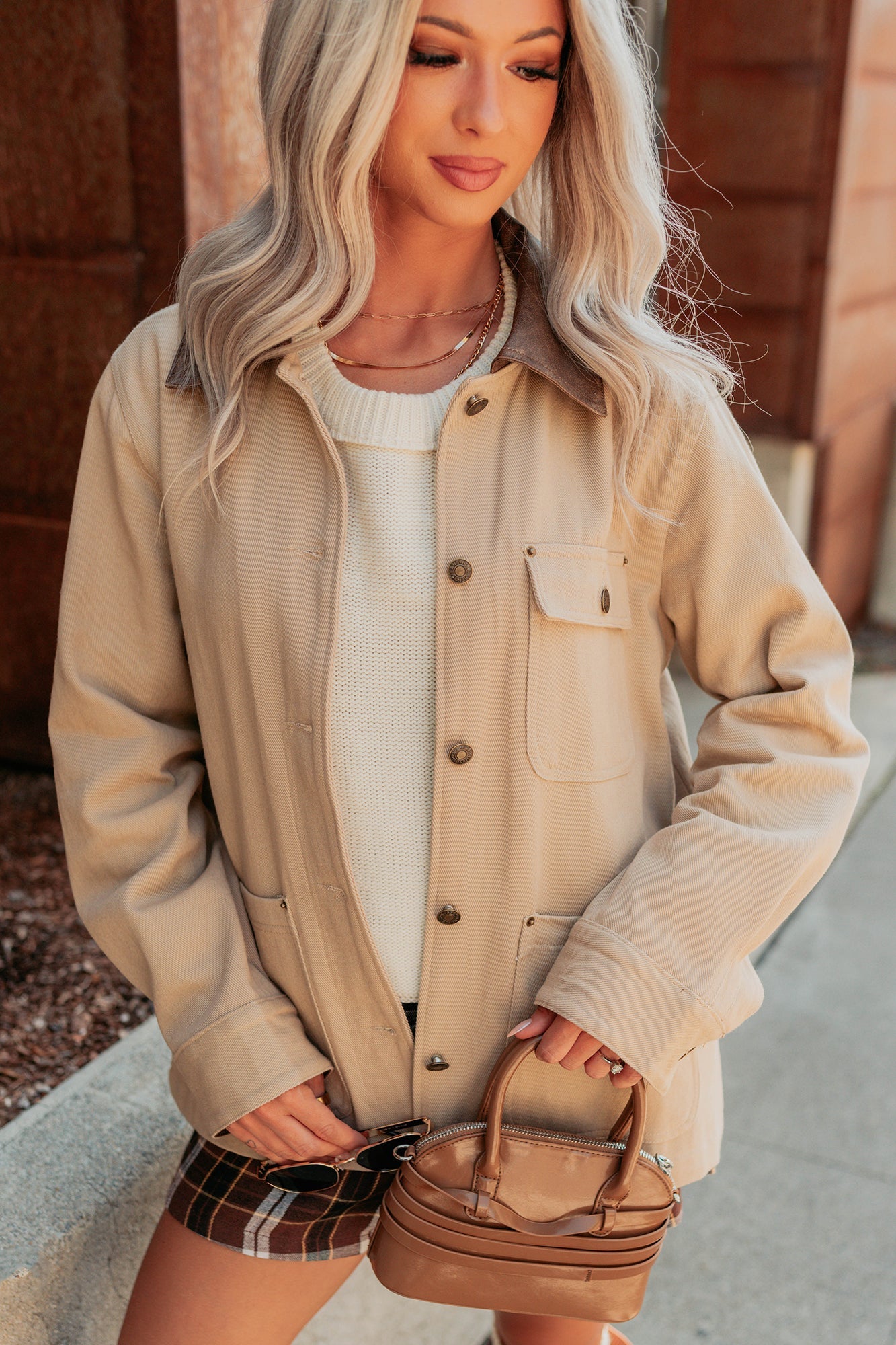 Hustle Habits Leather Collared Denim Jacket (Sand)