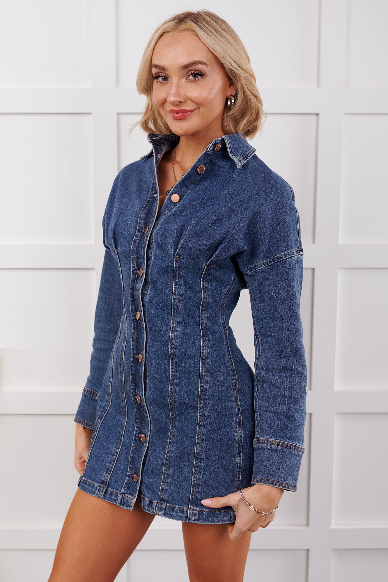 Open Range Pleated Denim Mini Dress (Medium Blue)