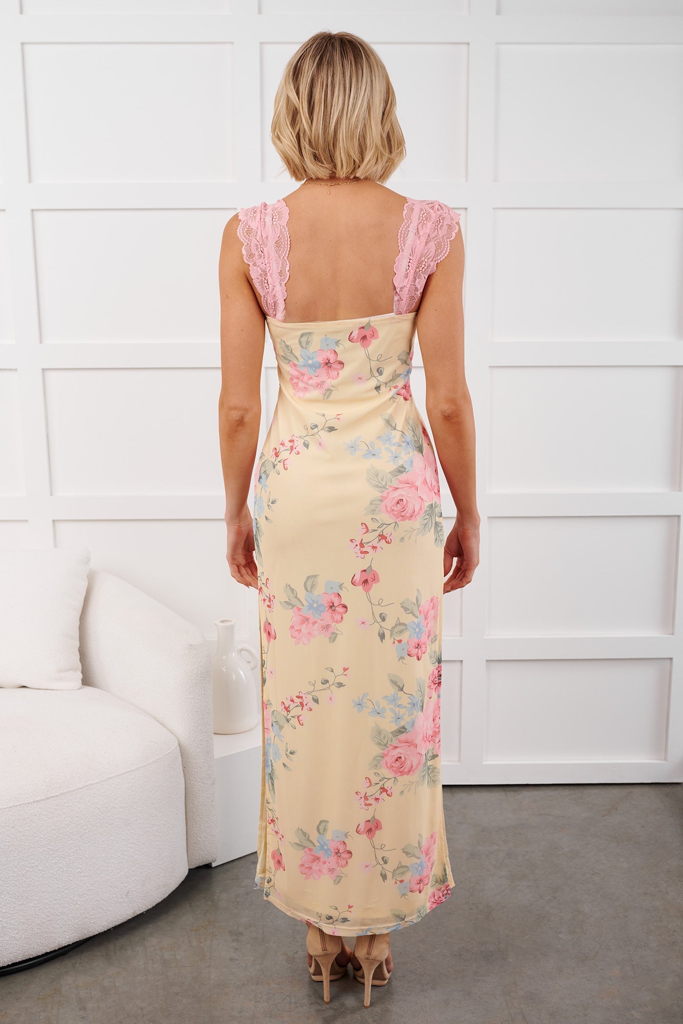 Growing & Glowing Lace Detail Floral Mesh Maxi Dress (Pink/Yellow)