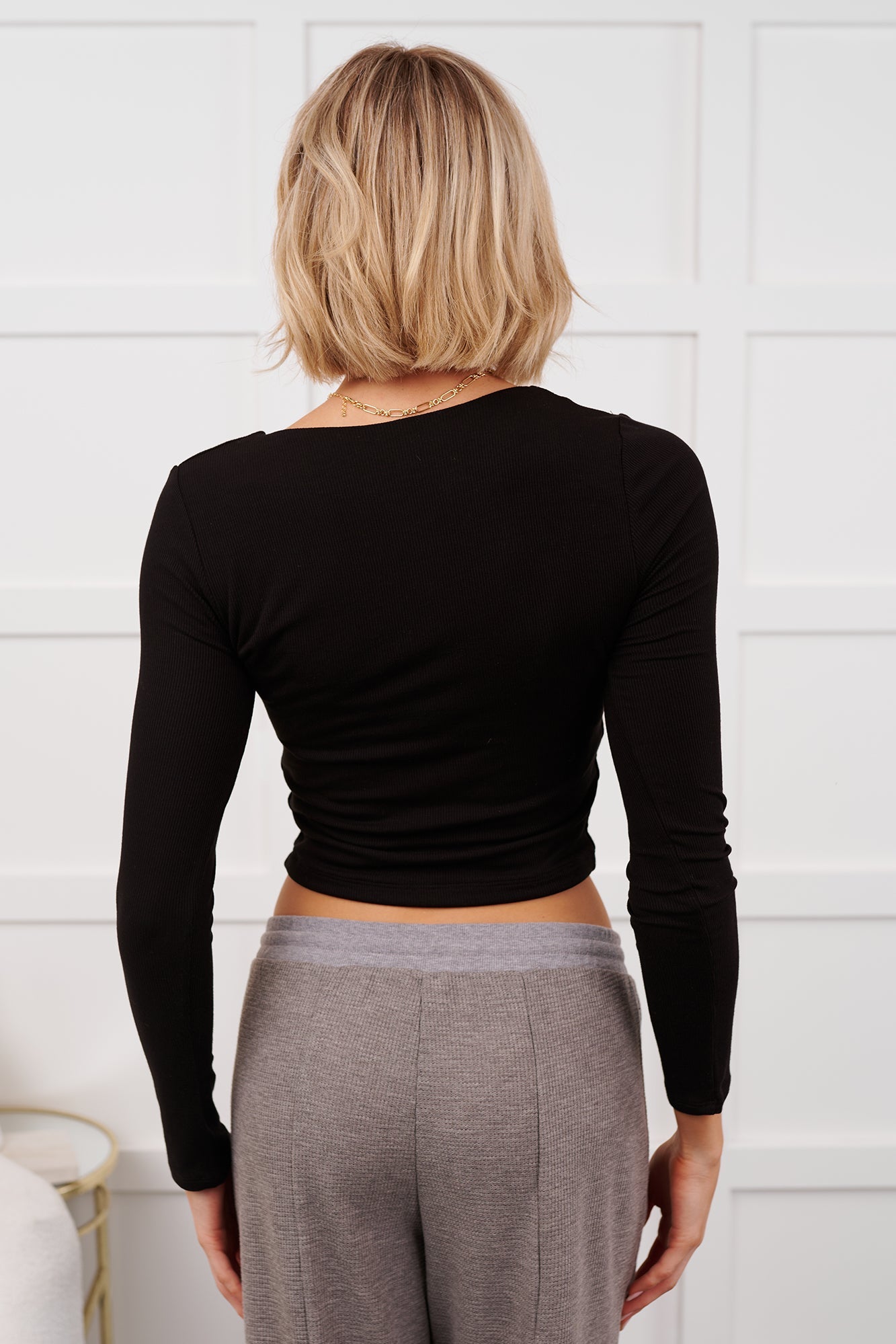 Daily Rhythm Long Sleeve V Neck Crop Top (Black)