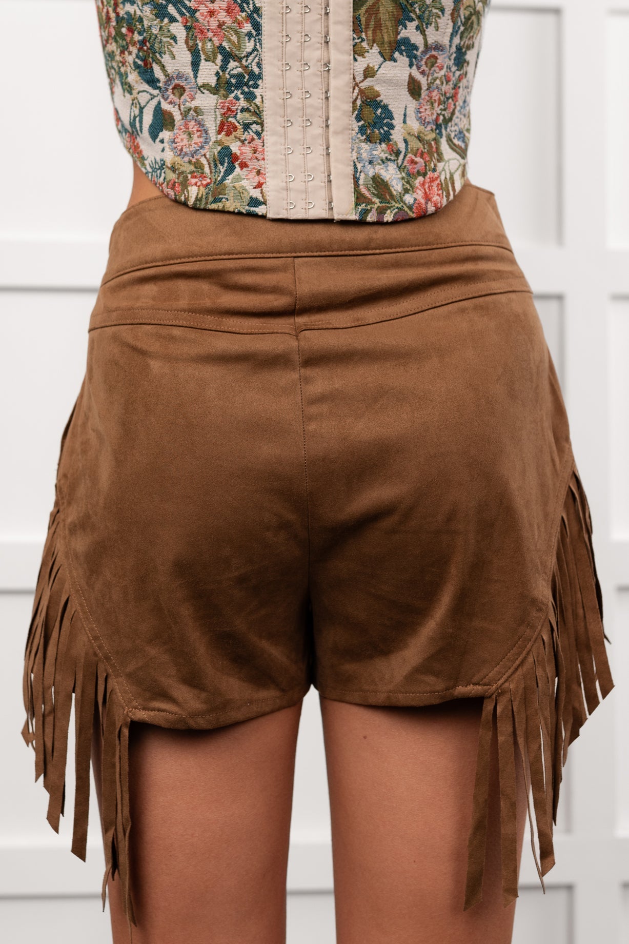 Hats Off Here High Rise Suede Fringe Shorts (Mocha)