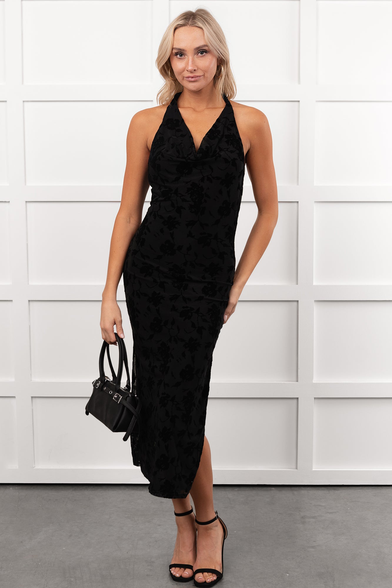Champagne Mood Floral Halter Midi Dress (Black)