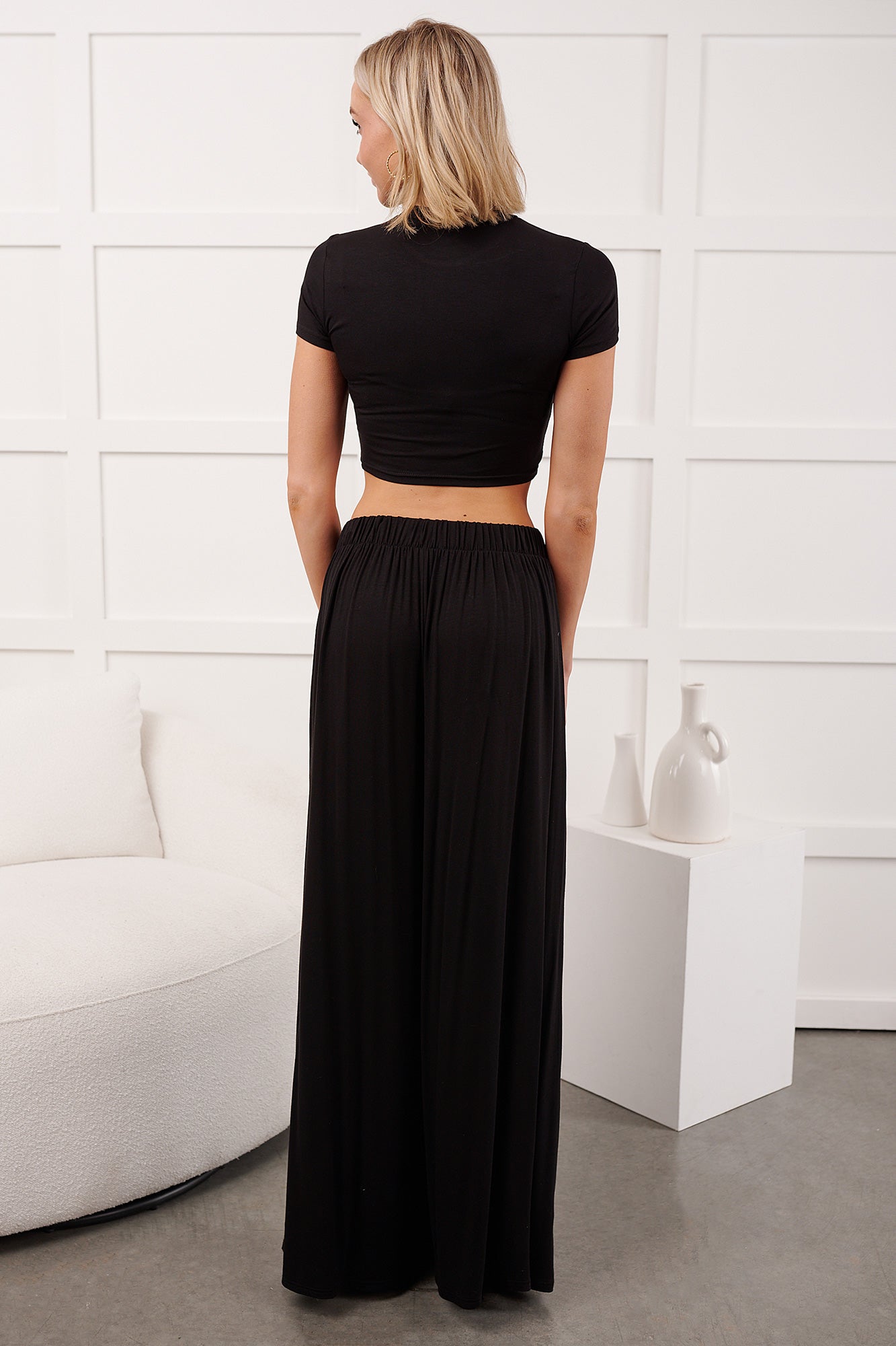 Always True Crop Top Wide Leg Pants Set (Black)