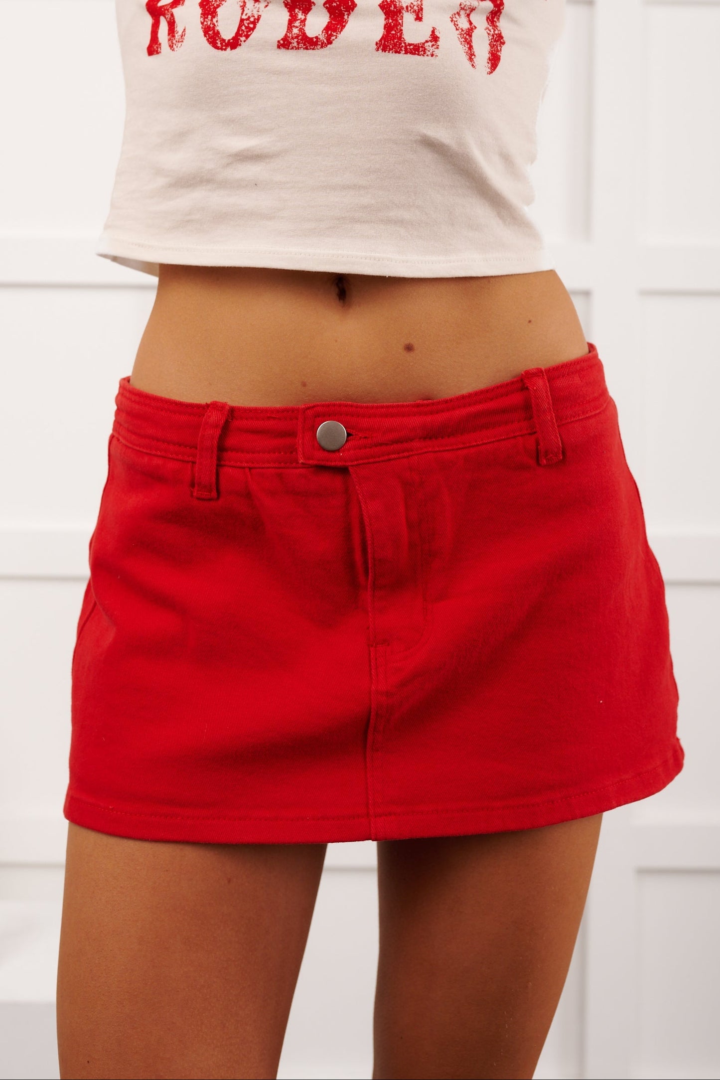 For The Last Time Mid Rise Denim Mini Skort (Red)